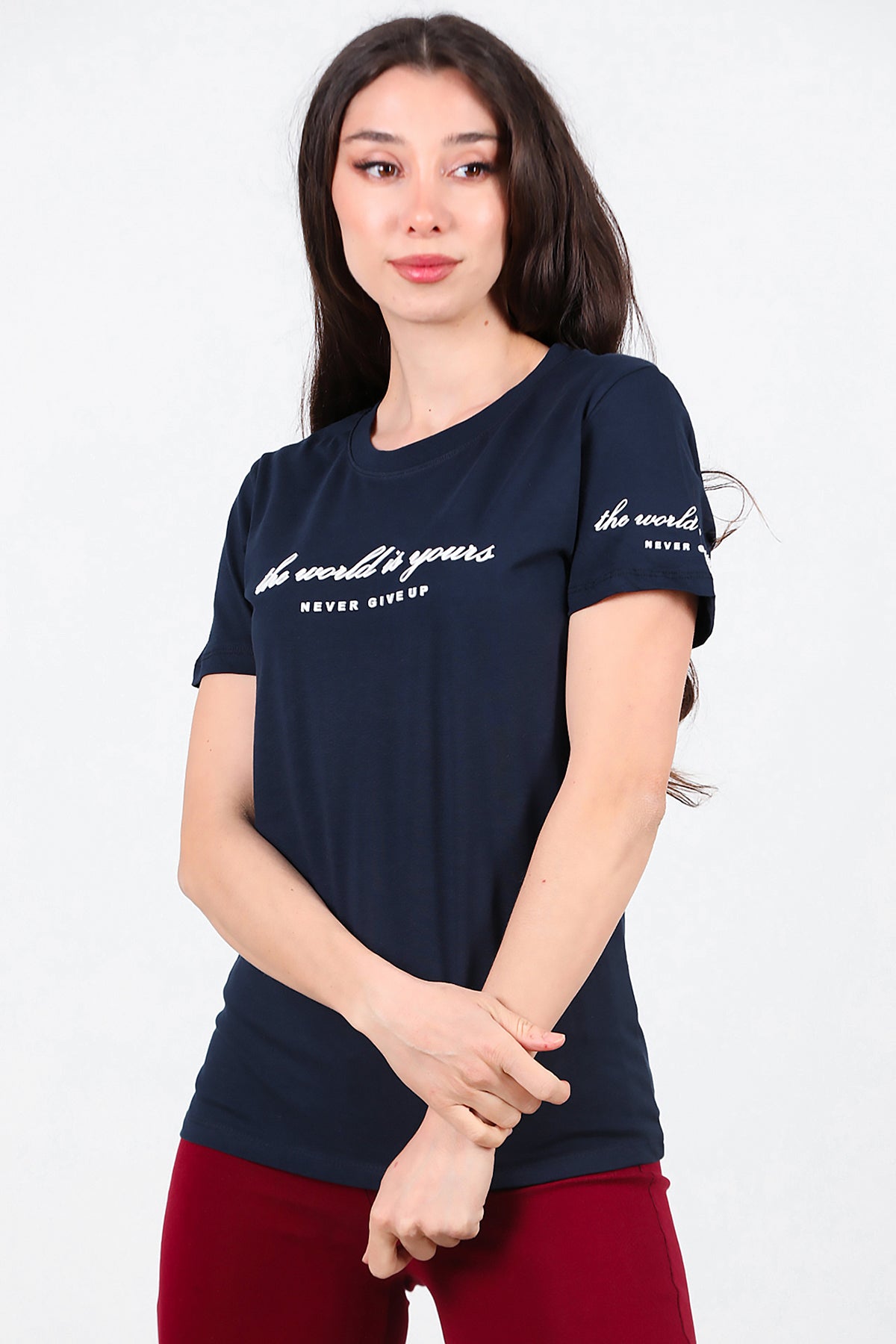 Kadın Bisiklet Yaka T-Shirt Lacivert
