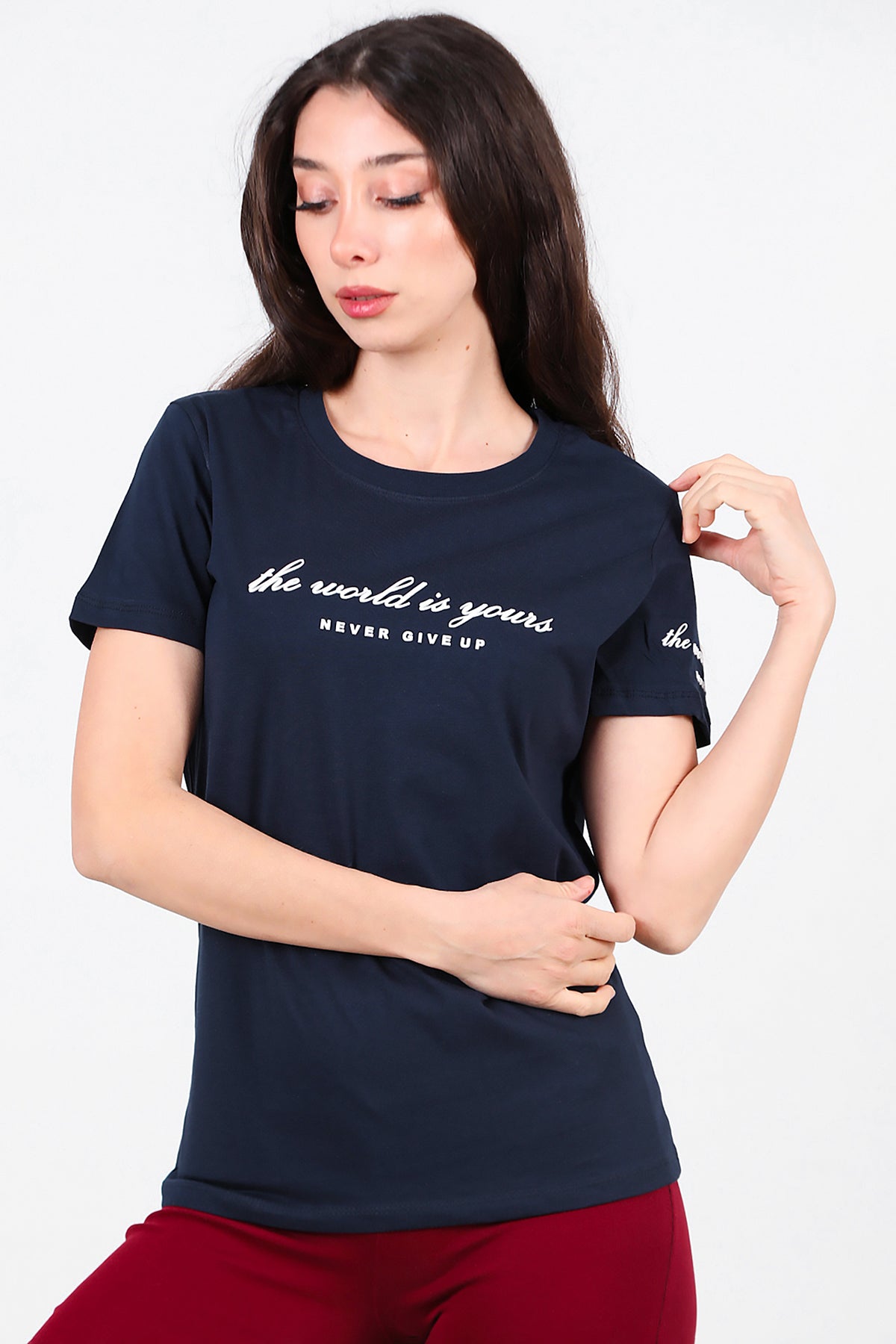 Kadın Bisiklet Yaka T-Shirt Lacivert