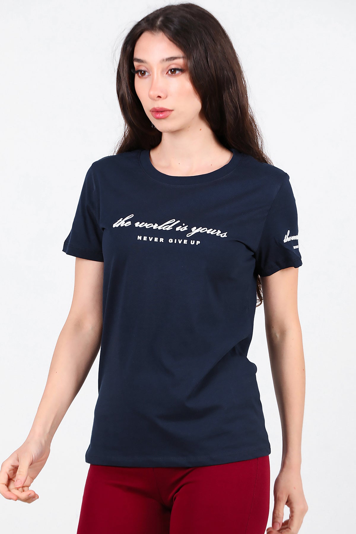 Kadın Bisiklet Yaka T-Shirt Lacivert