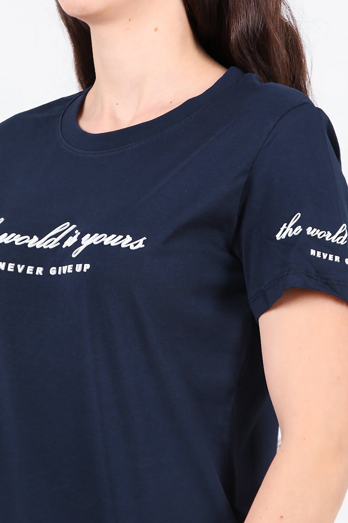 Kadın Bisiklet Yaka T-Shirt Lacivert
