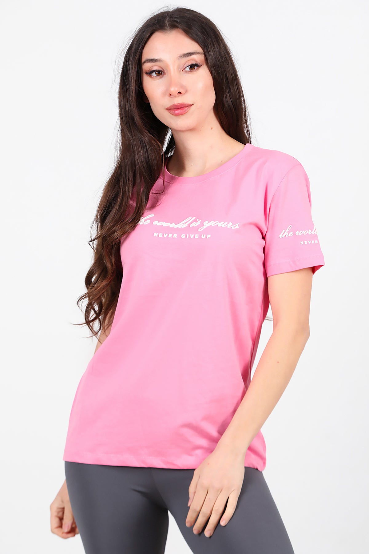 Kadın Bisiklet Yaka T-Shirt Pembe