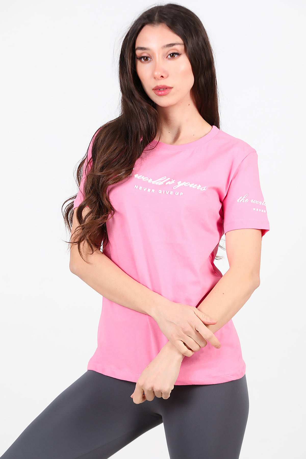 Kadın Bisiklet Yaka T-Shirt Pembe