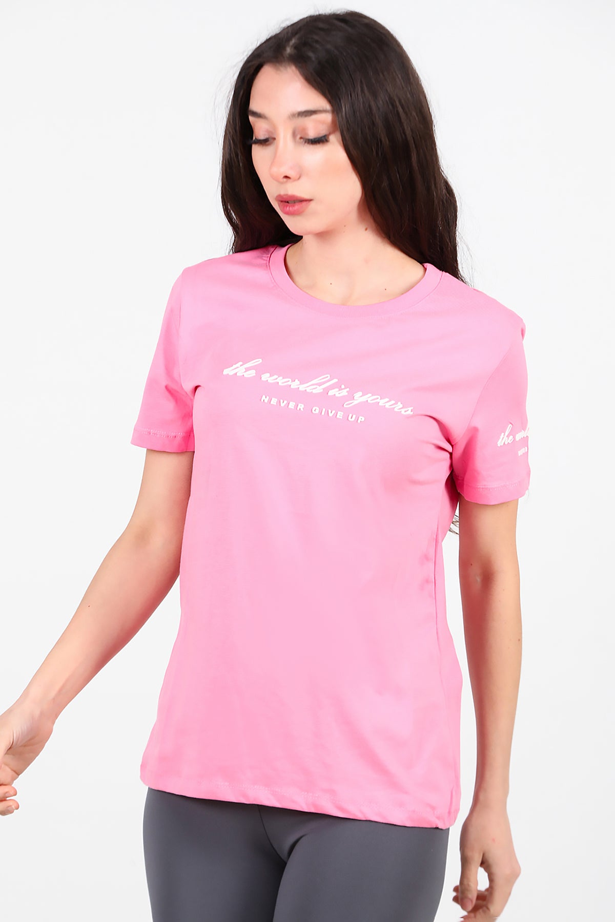 Kadın Bisiklet Yaka T-Shirt Pembe