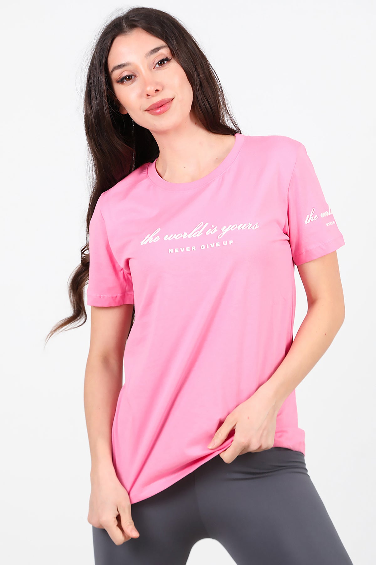 Kadın Bisiklet Yaka T-Shirt Pembe