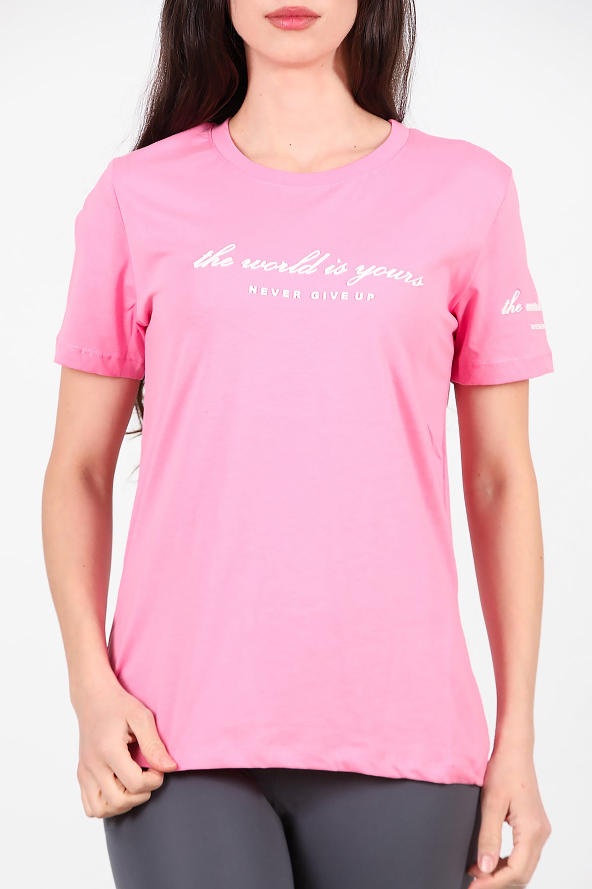 Kadın Bisiklet Yaka T-Shirt Pembe