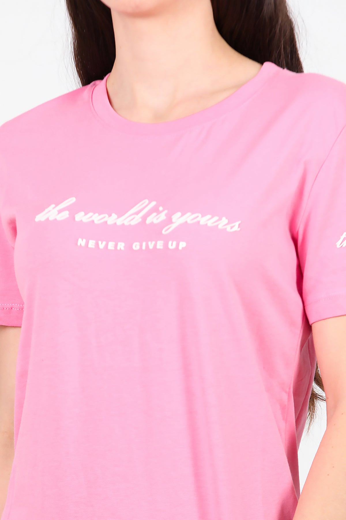 Kadın Bisiklet Yaka T-Shirt Pembe