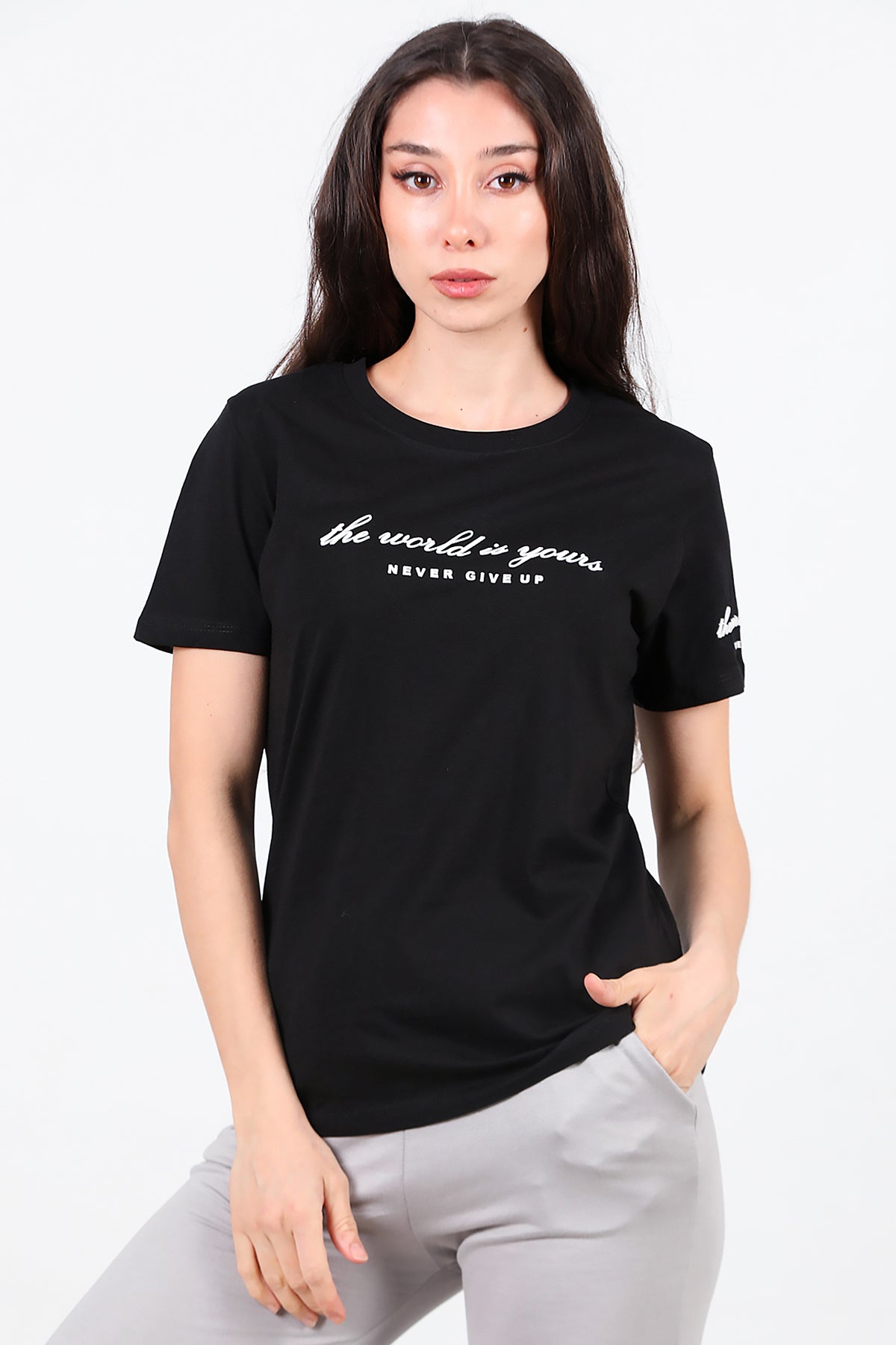 Kadın Bisiklet Yaka T-Shirt Siyah
