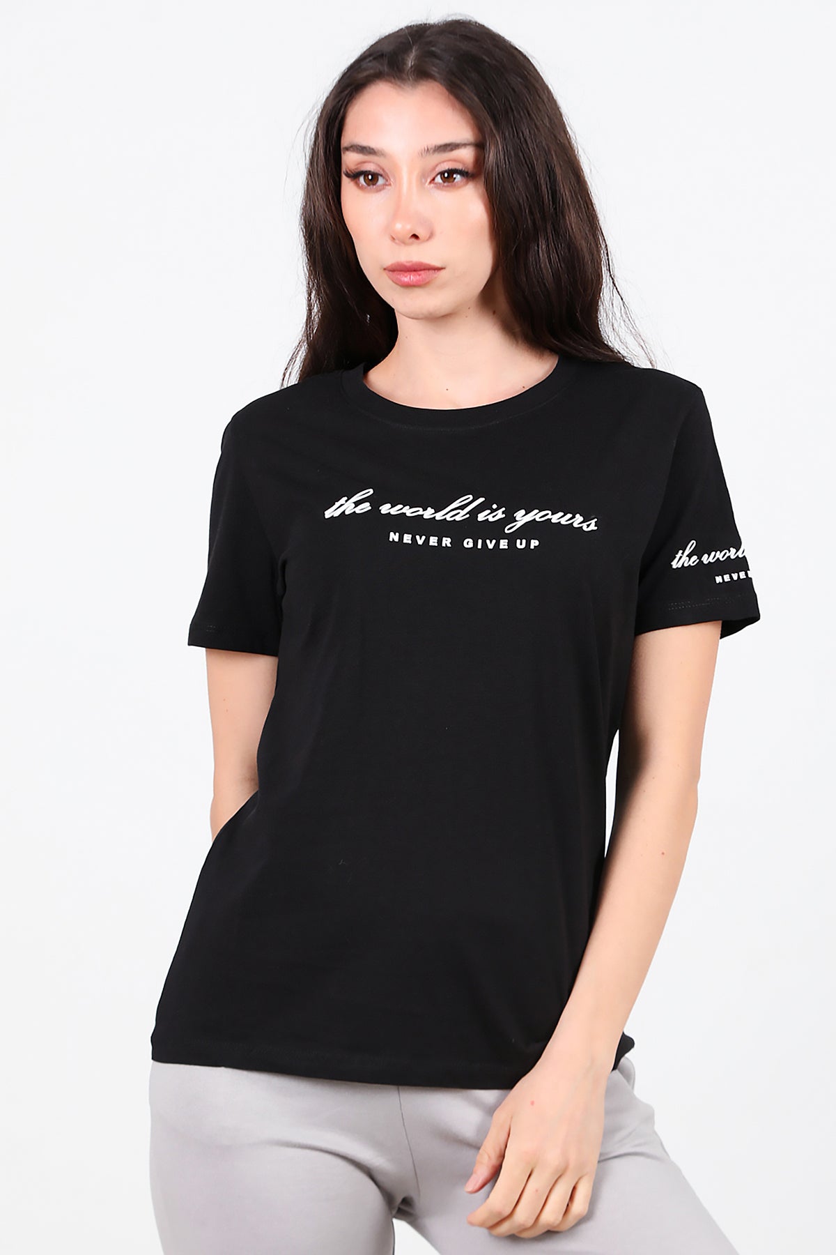 Kadın Bisiklet Yaka T-Shirt Siyah