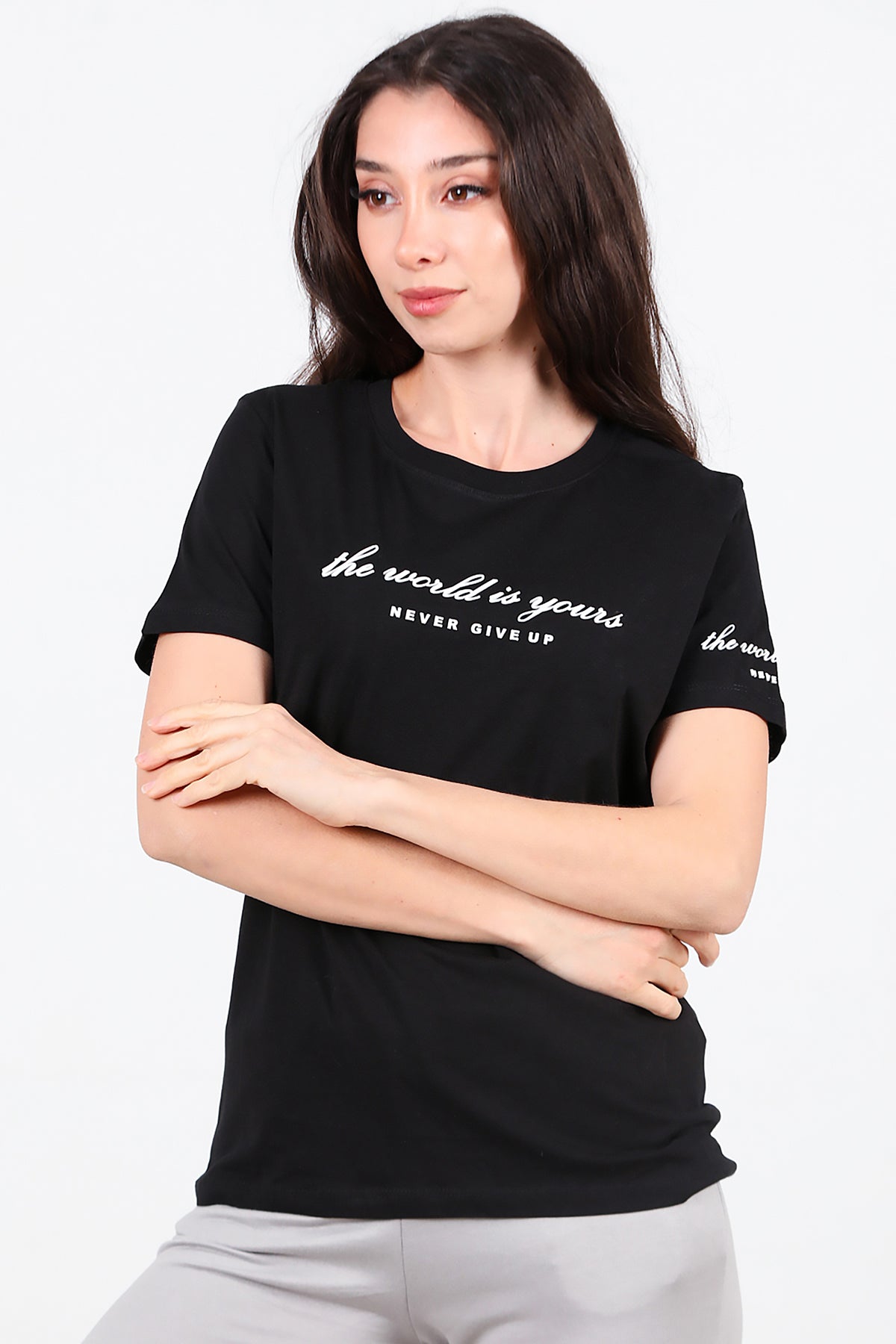 Kadın Bisiklet Yaka T-Shirt Siyah