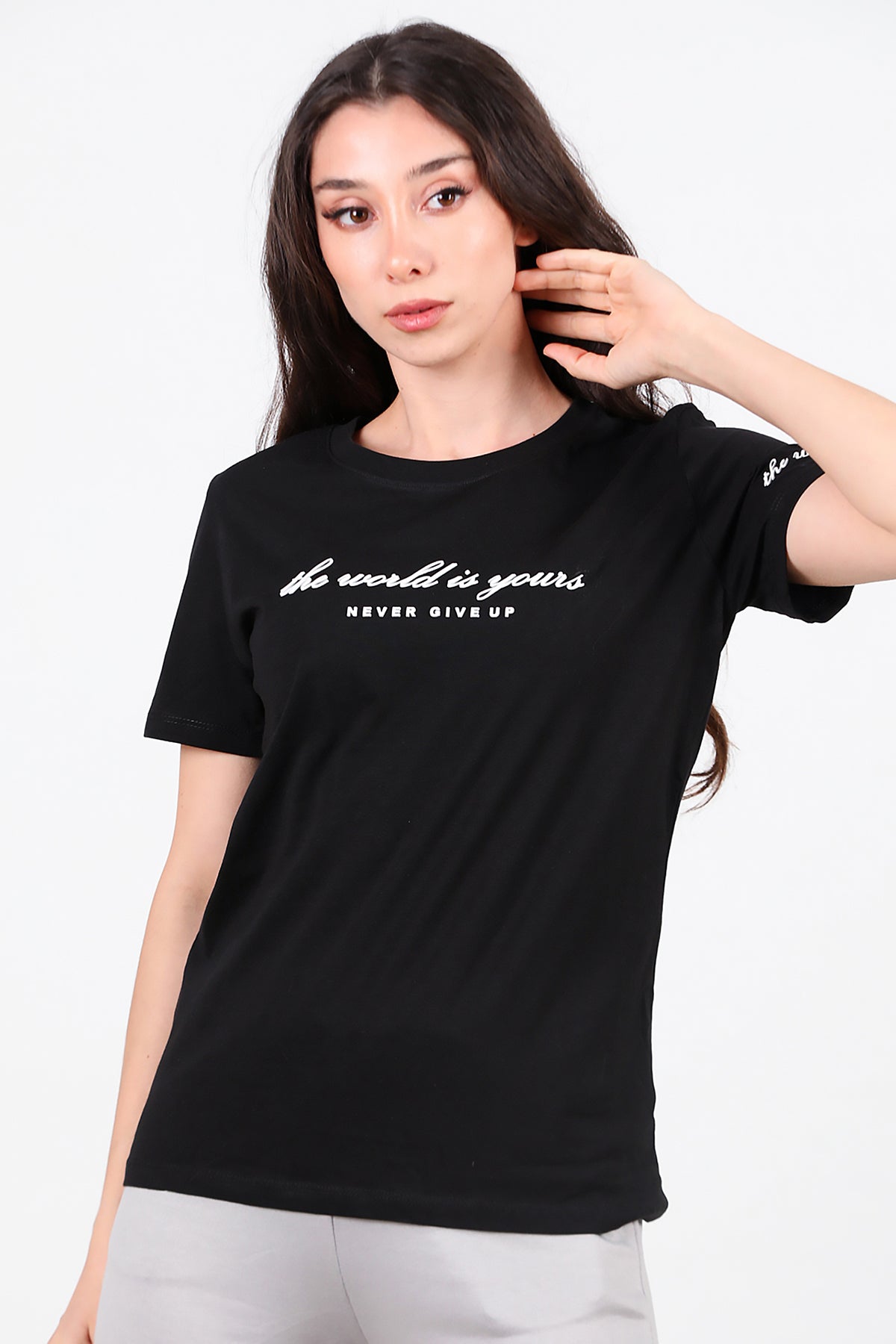 Kadın Bisiklet Yaka T-Shirt Siyah