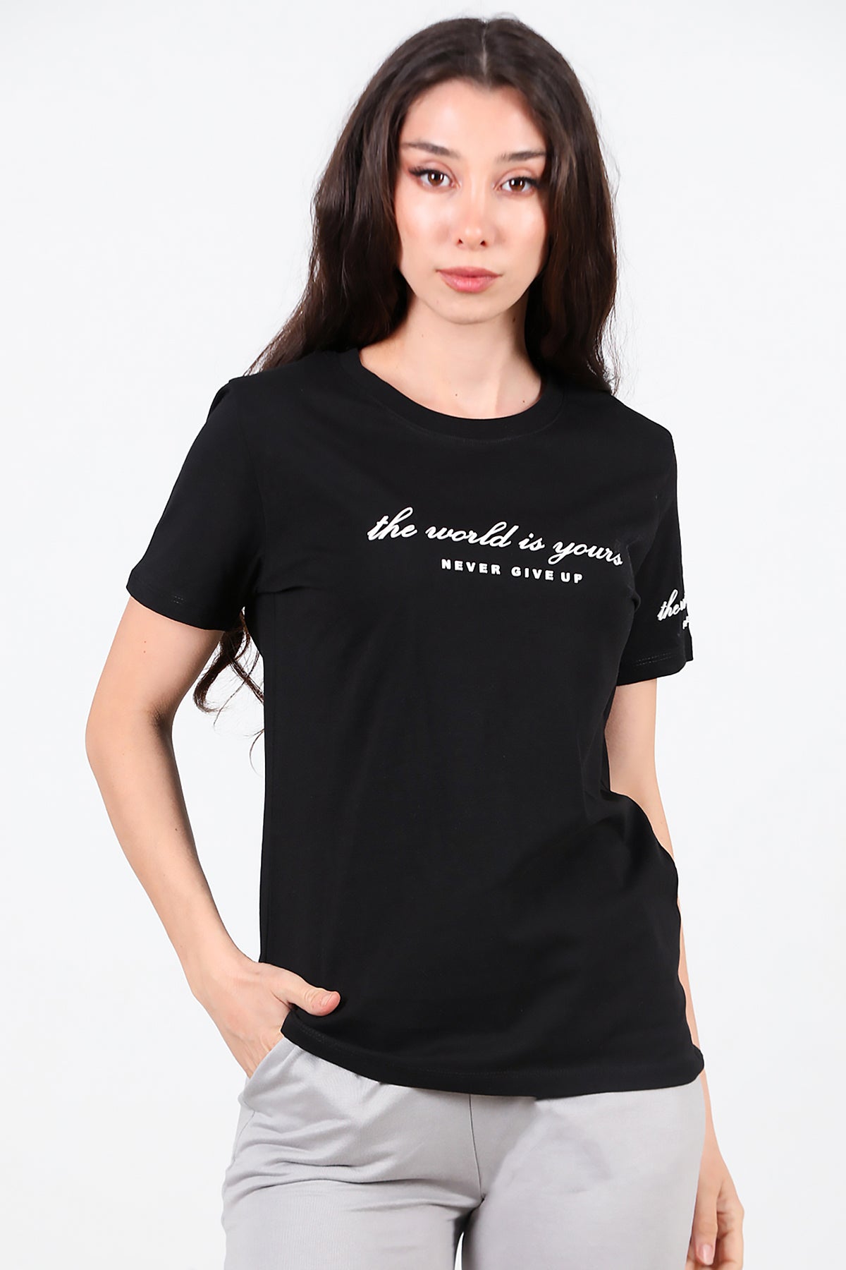 Kadın Bisiklet Yaka T-Shirt Siyah