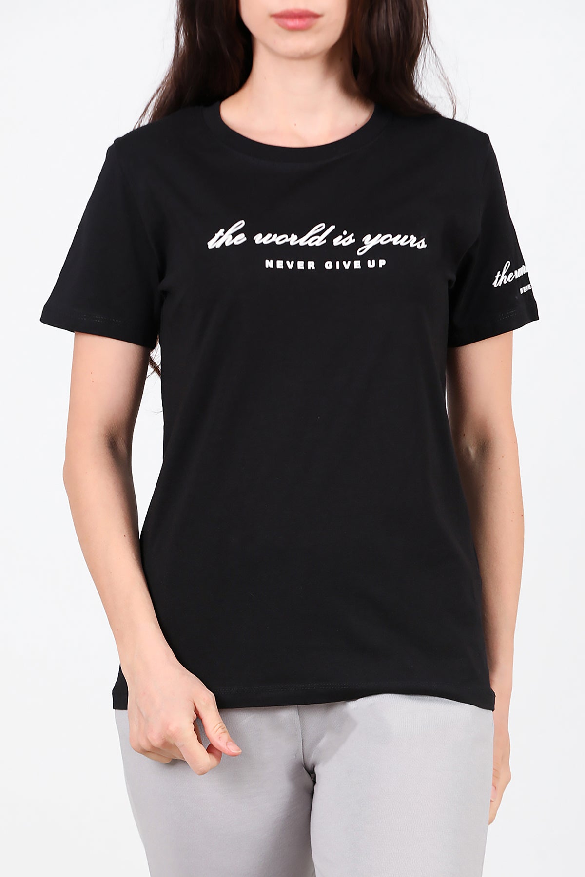 Kadın Bisiklet Yaka T-Shirt Siyah