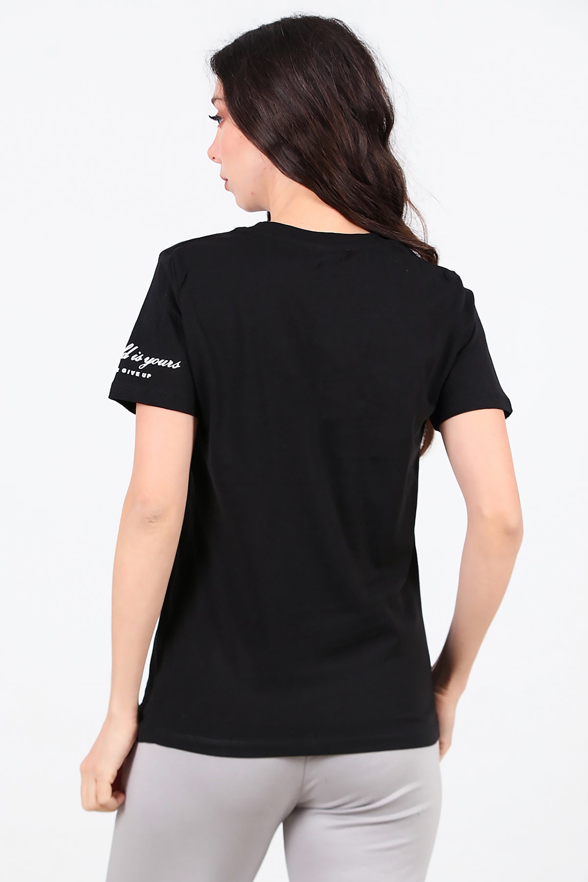 Kadın Bisiklet Yaka T-Shirt Siyah