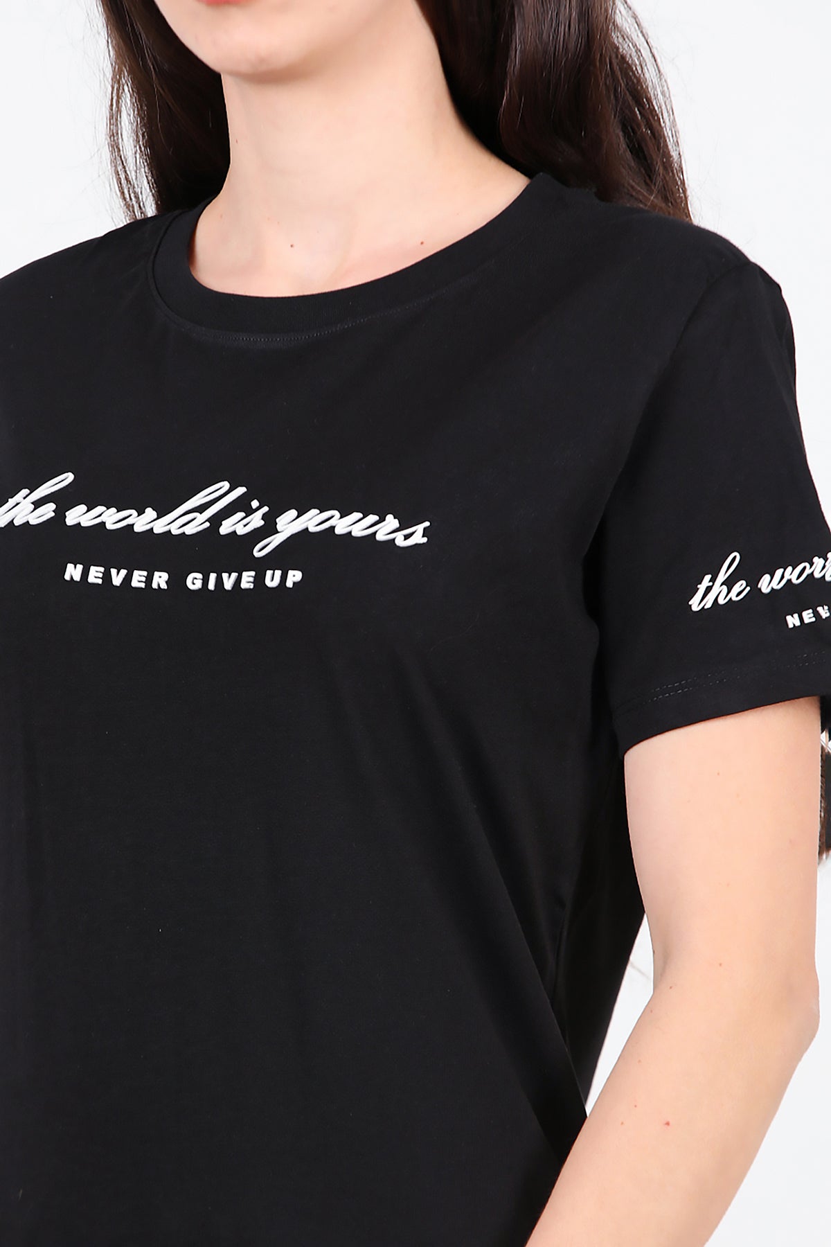 Kadın Bisiklet Yaka T-Shirt Siyah