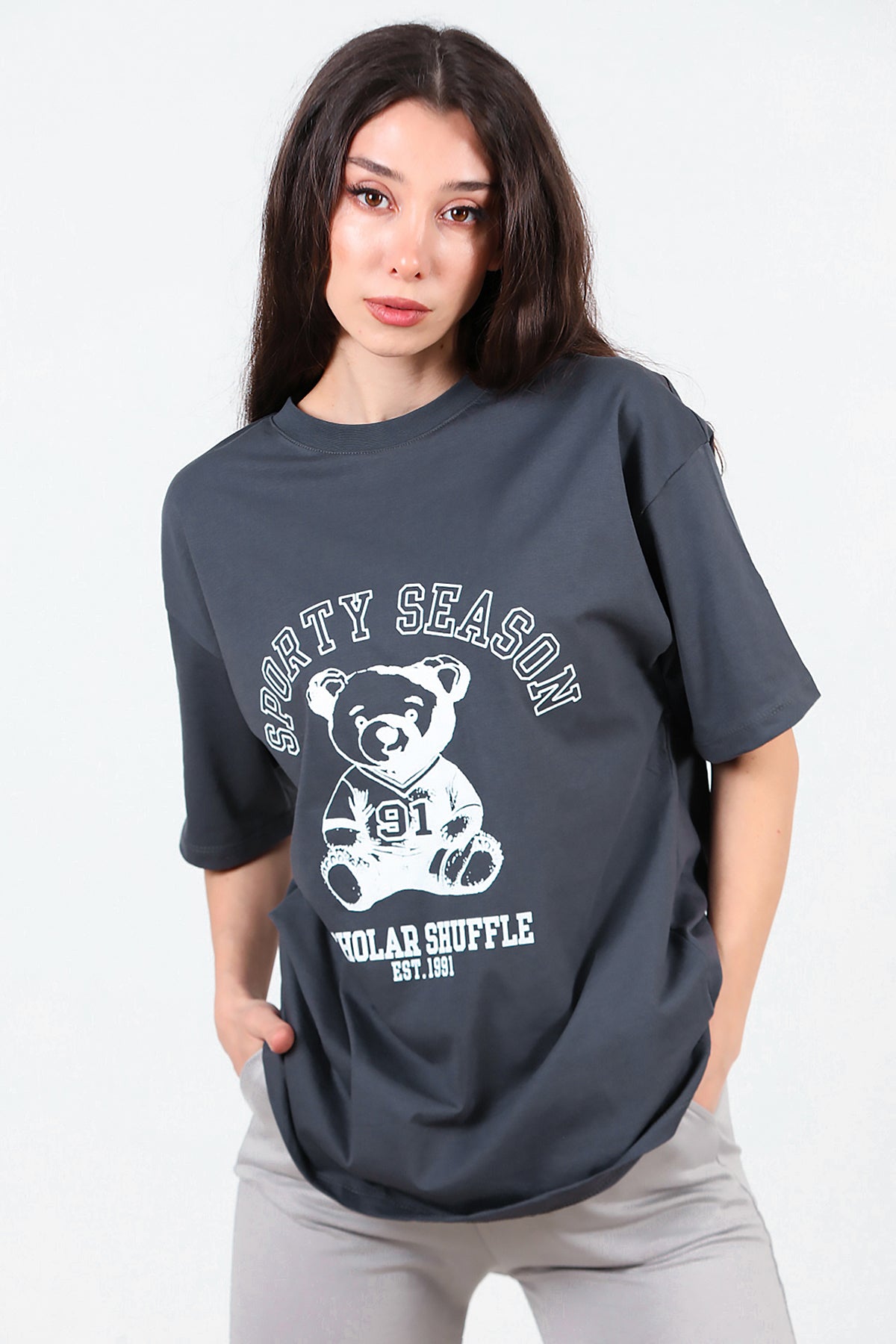 Kadın Baskılı T-Shirt Füme