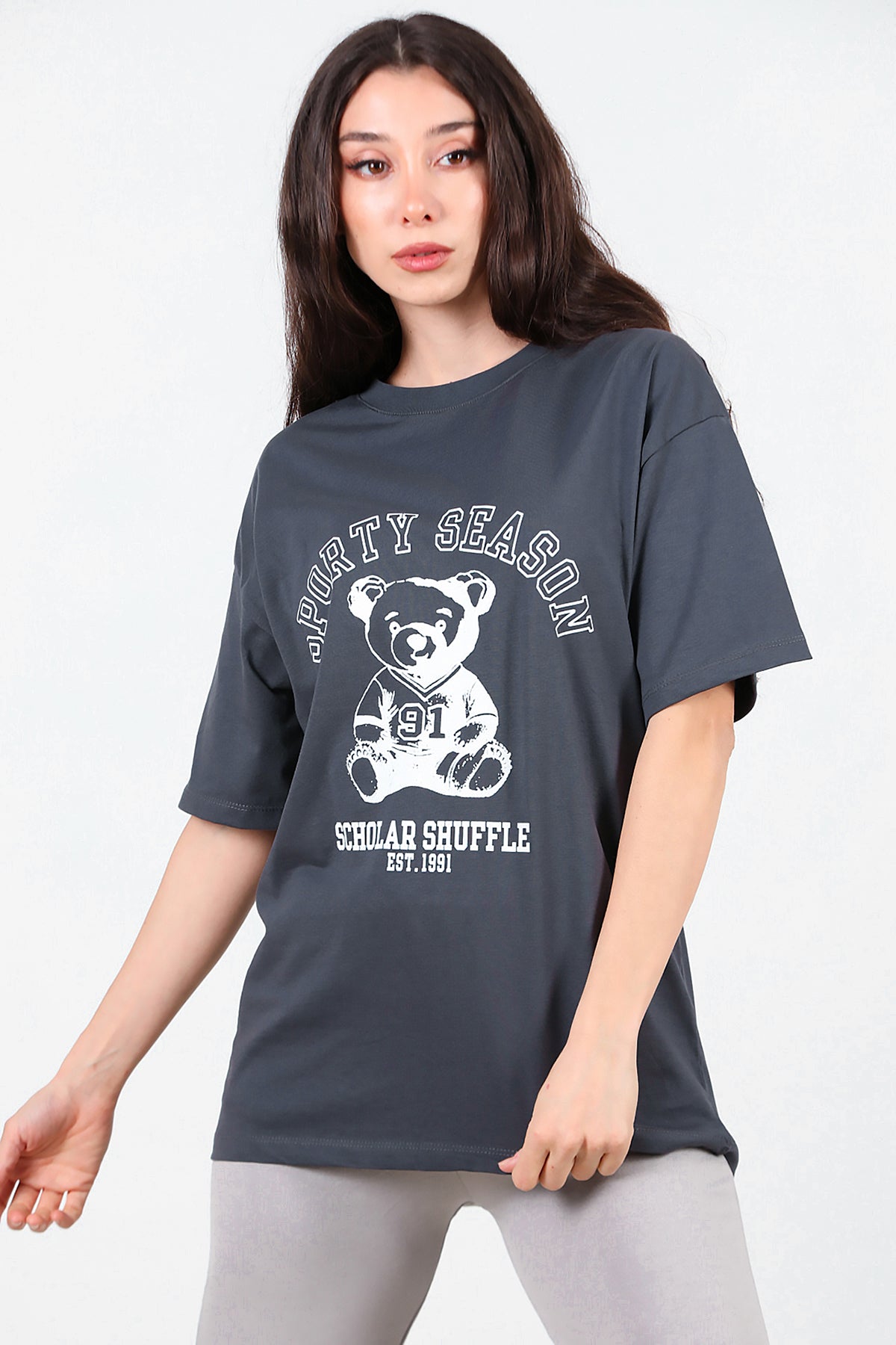 Kadın Baskılı T-Shirt Füme