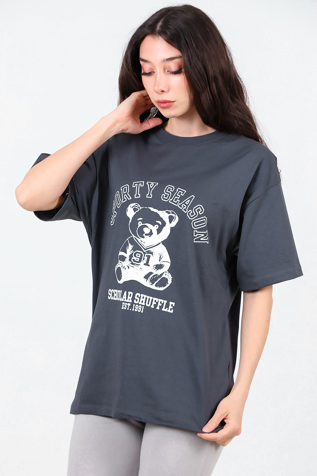 Kadın Baskılı T-Shirt Füme