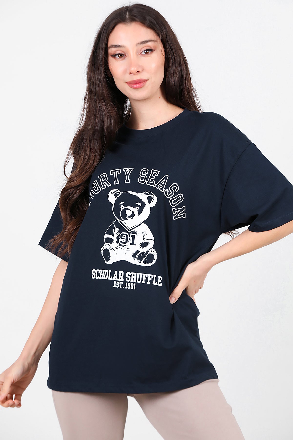 Kadın Baskılı T-Shirt Lacivert