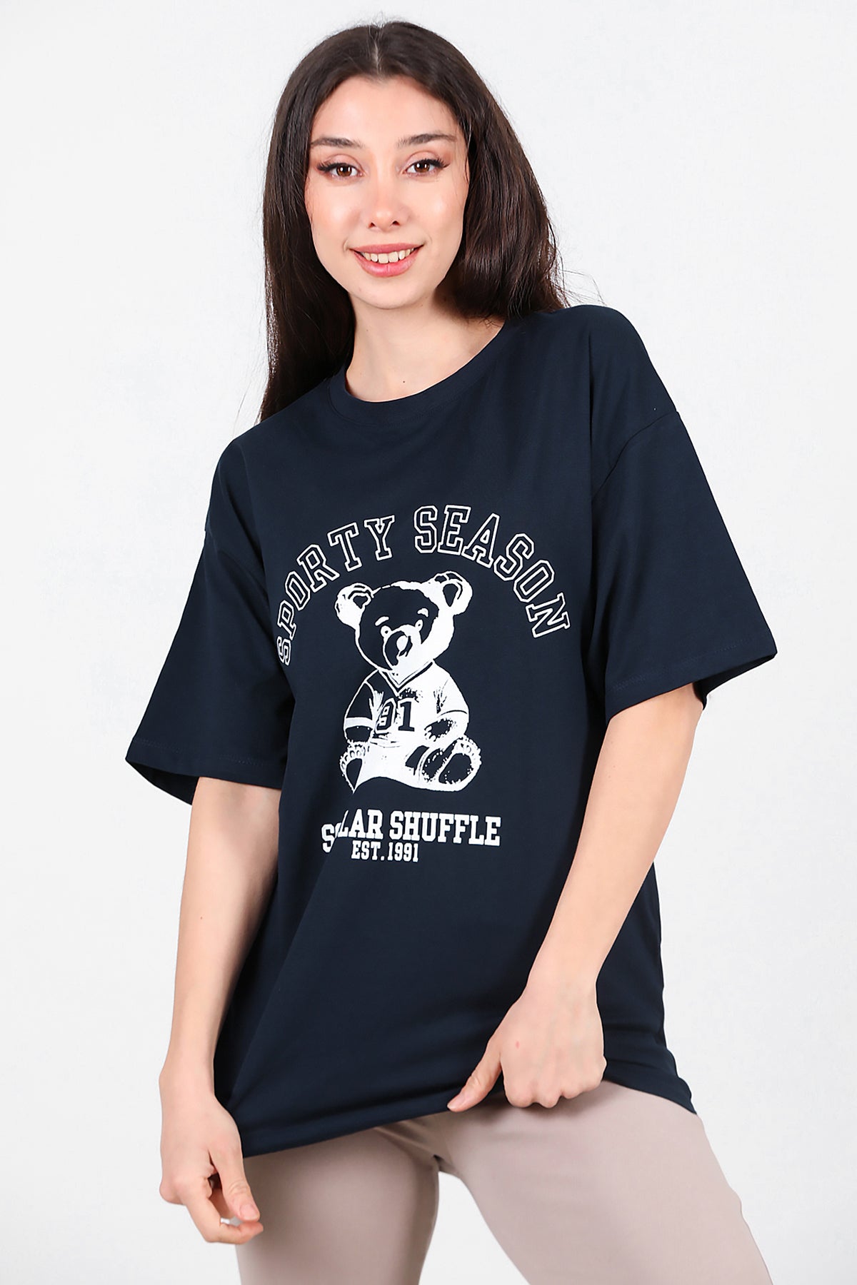 Kadın Baskılı T-Shirt Lacivert