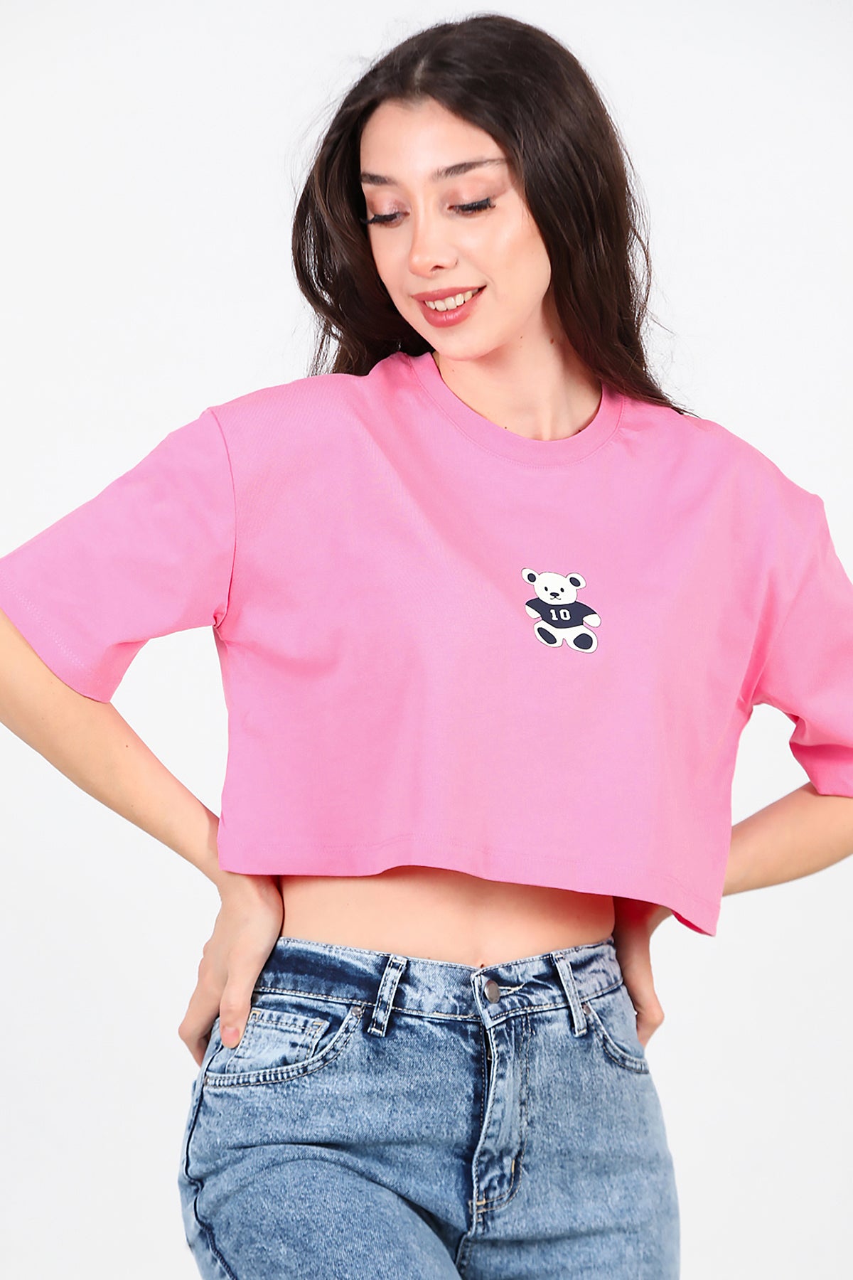Kadın Bisiklet Yaka Kısa T-Shirt Pembe