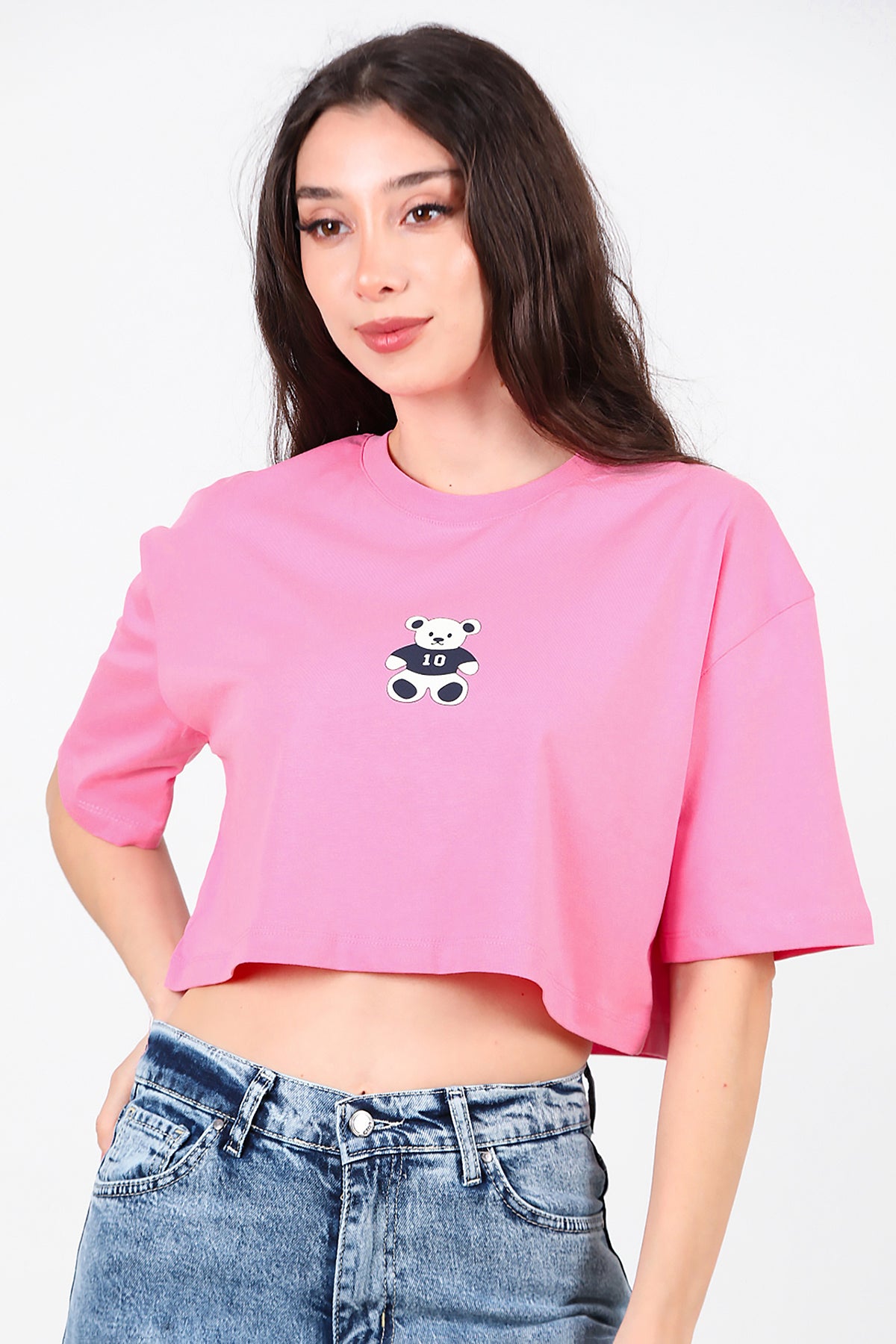Kadın Bisiklet Yaka Kısa T-Shirt Pembe