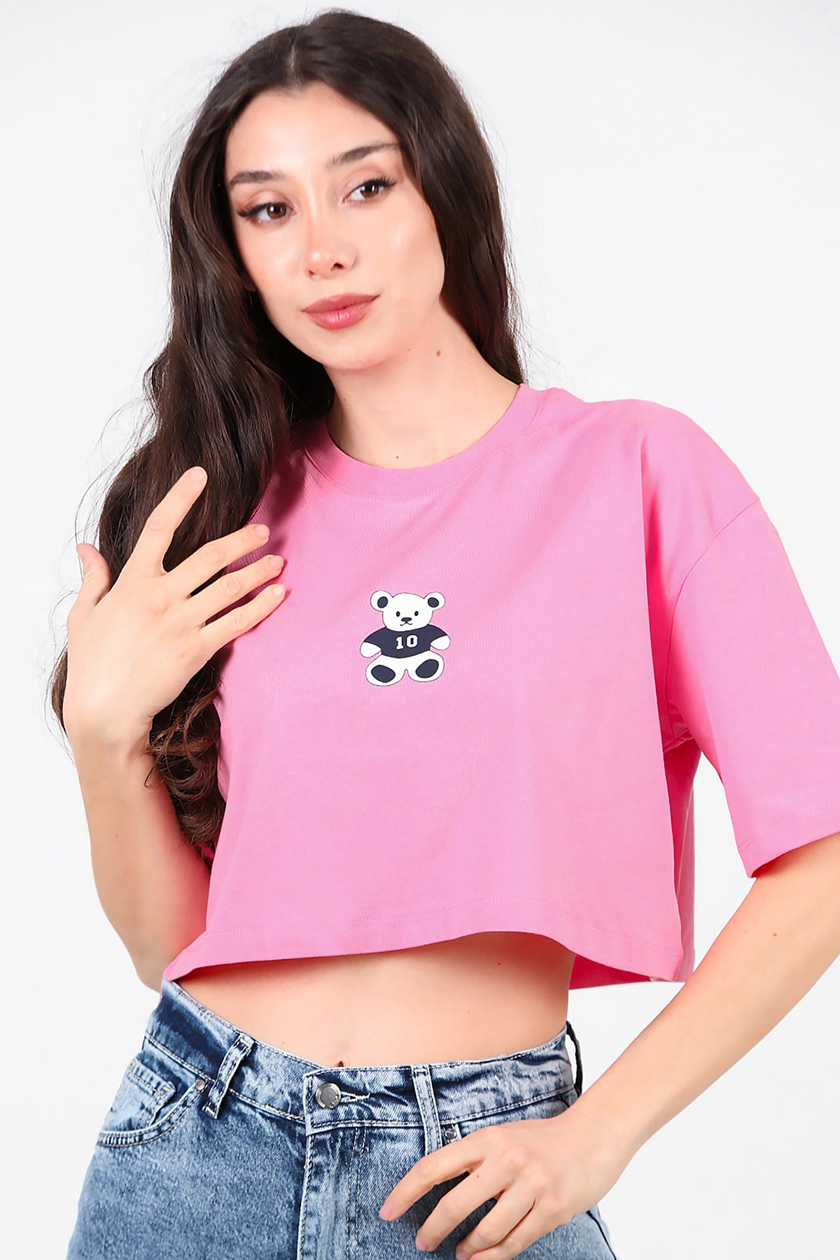 Kadın Bisiklet Yaka Kısa T-Shirt Pembe