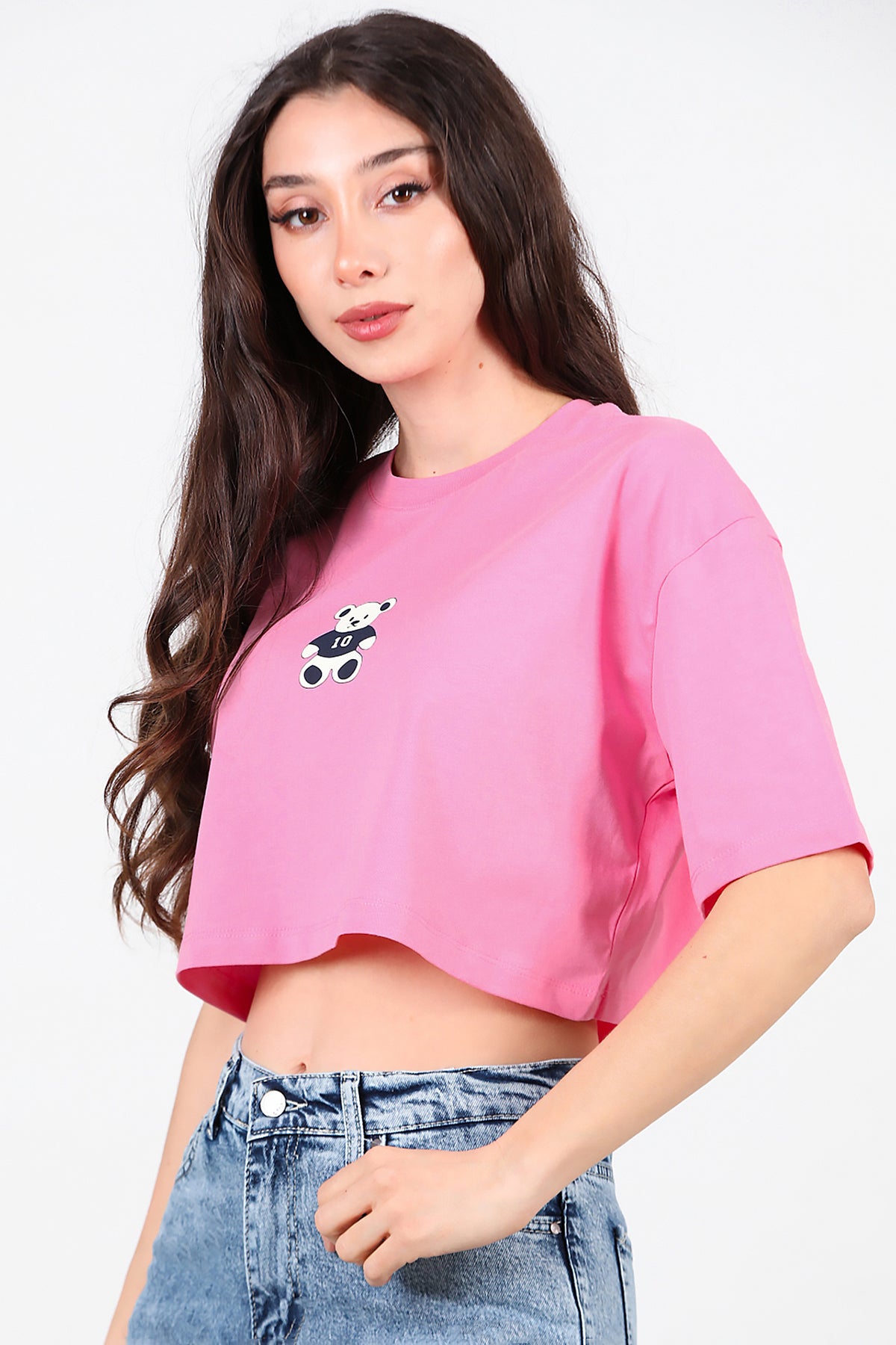 Kadın Bisiklet Yaka Kısa T-Shirt Pembe