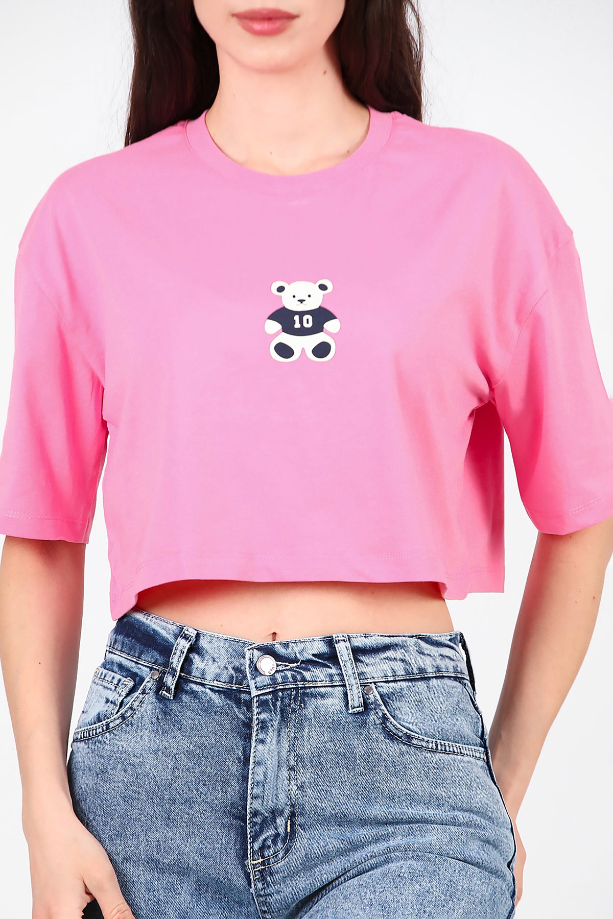 Kadın Bisiklet Yaka Kısa T-Shirt Pembe
