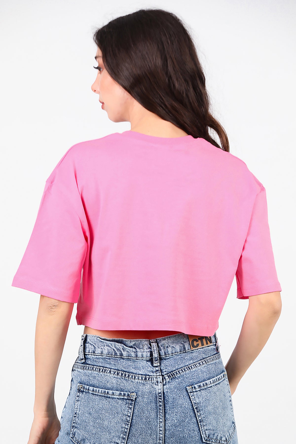 Kadın Bisiklet Yaka Kısa T-Shirt Pembe