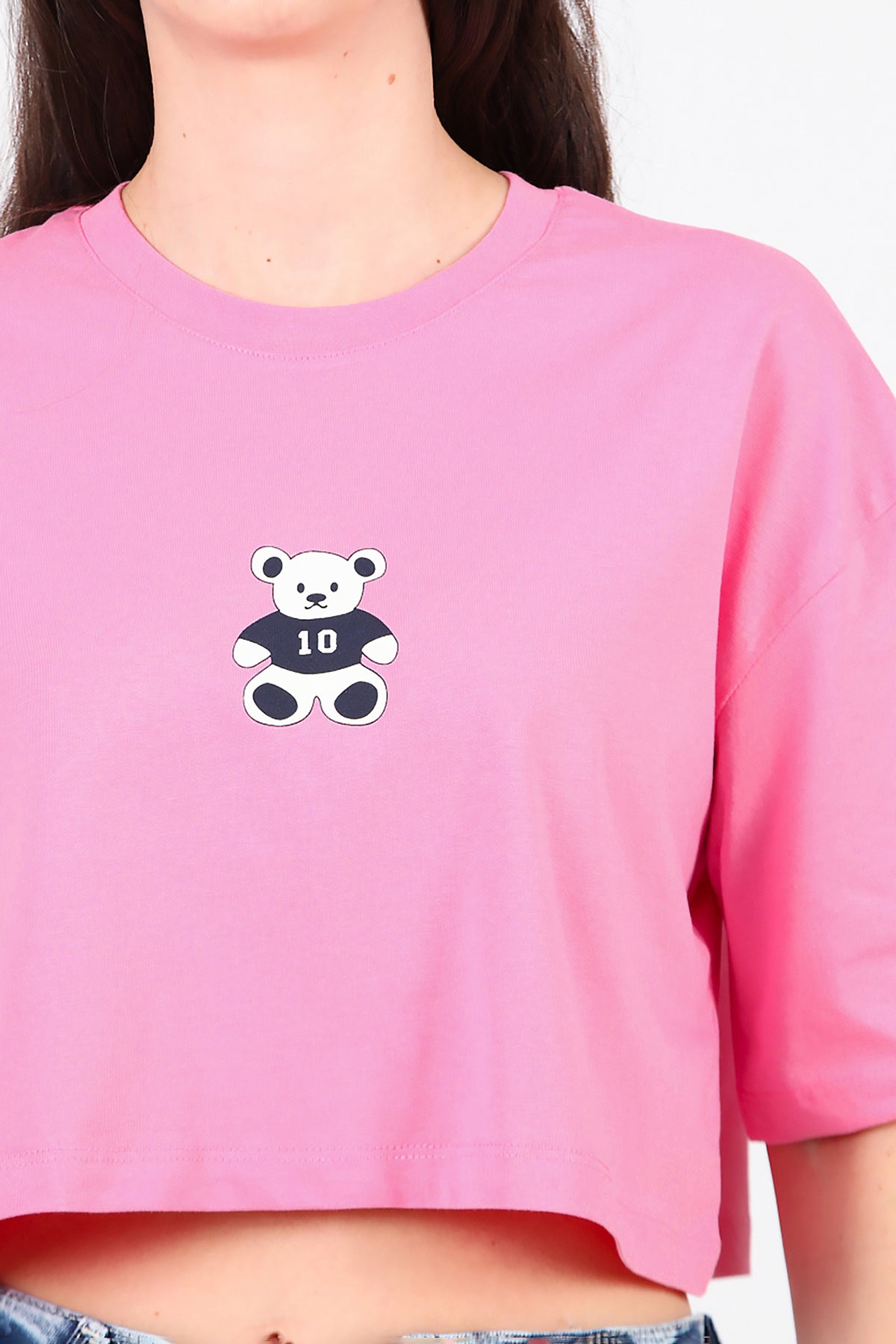 Kadın Bisiklet Yaka Kısa T-Shirt Pembe