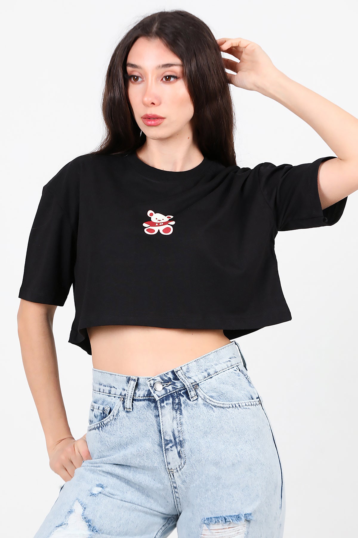 Kadın Bisiklet Yaka Kısa T-Shirt Siyah