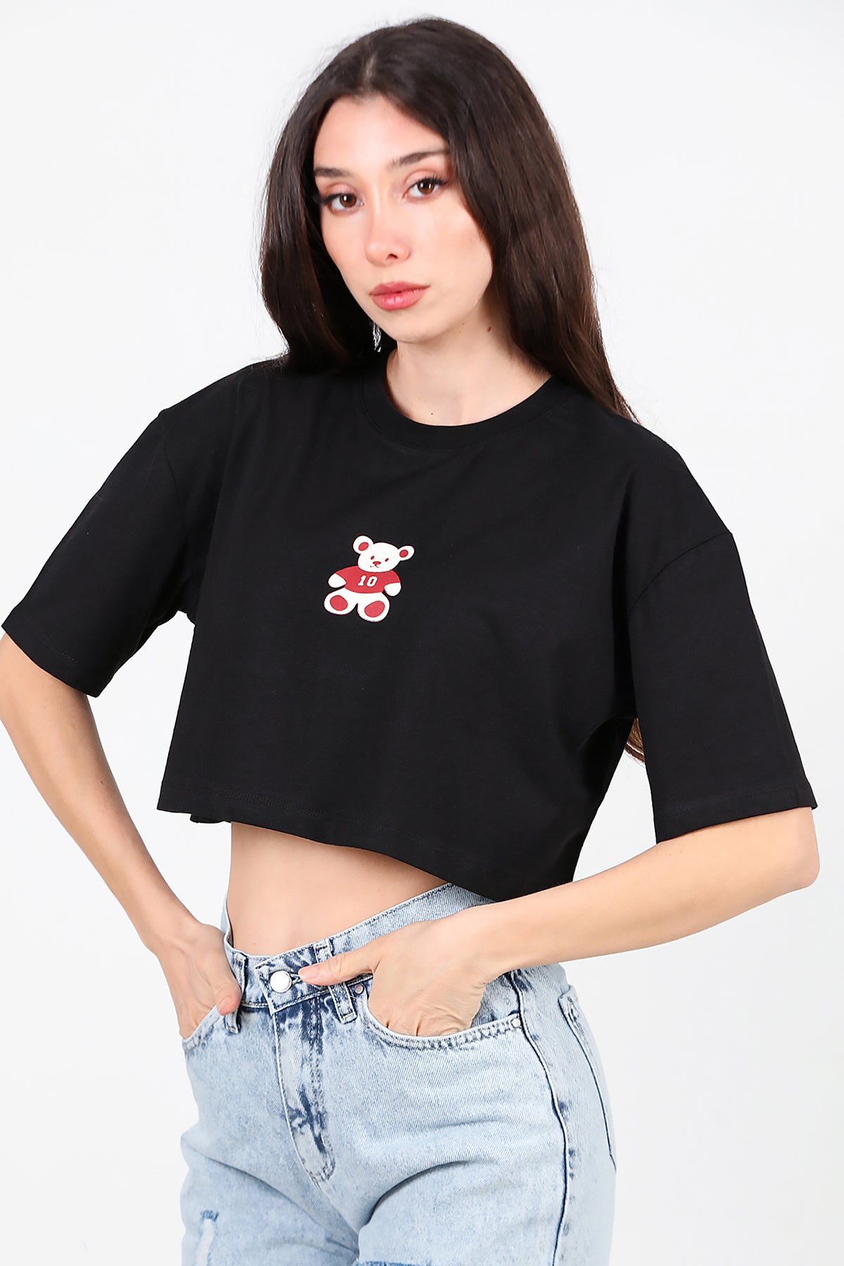 Kadın Bisiklet Yaka Kısa T-Shirt Siyah