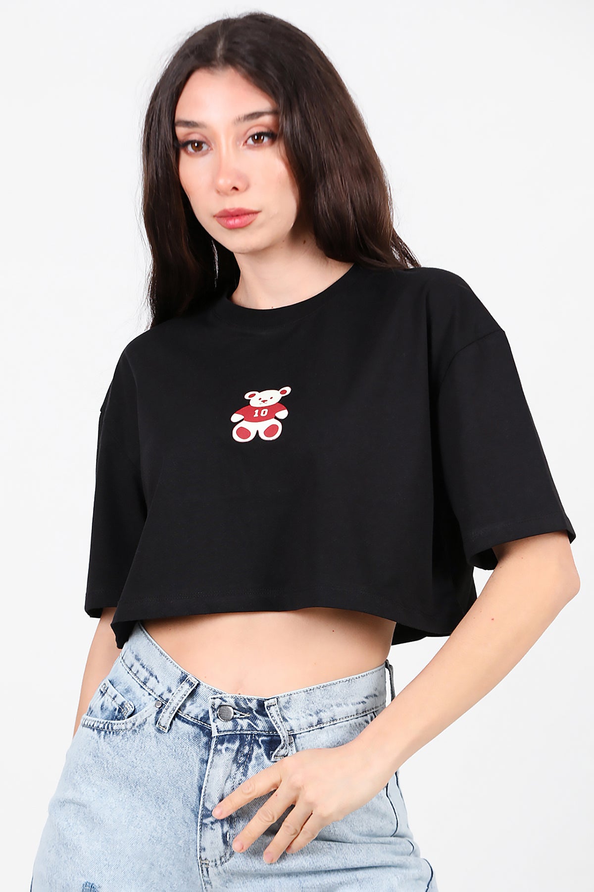 Kadın Bisiklet Yaka Kısa T-Shirt Siyah