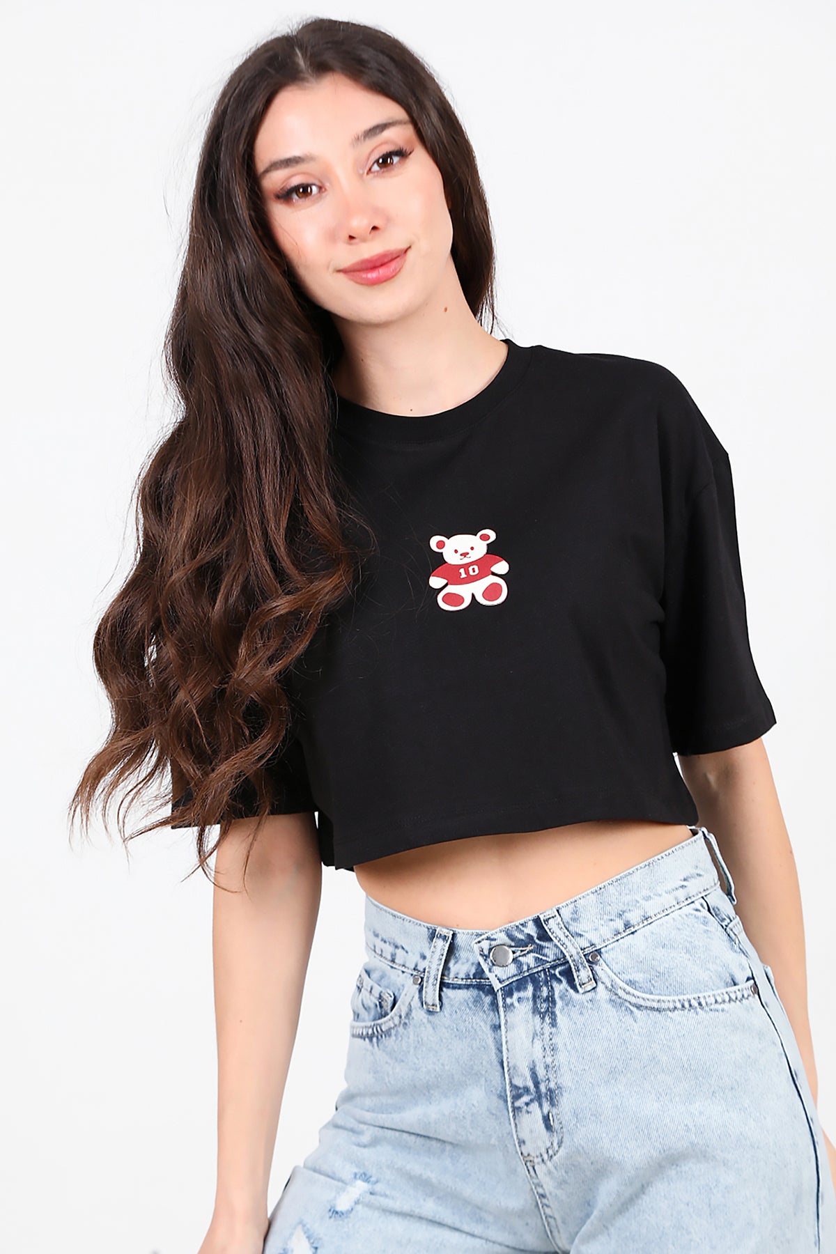 Kadın Bisiklet Yaka Kısa T-Shirt Siyah