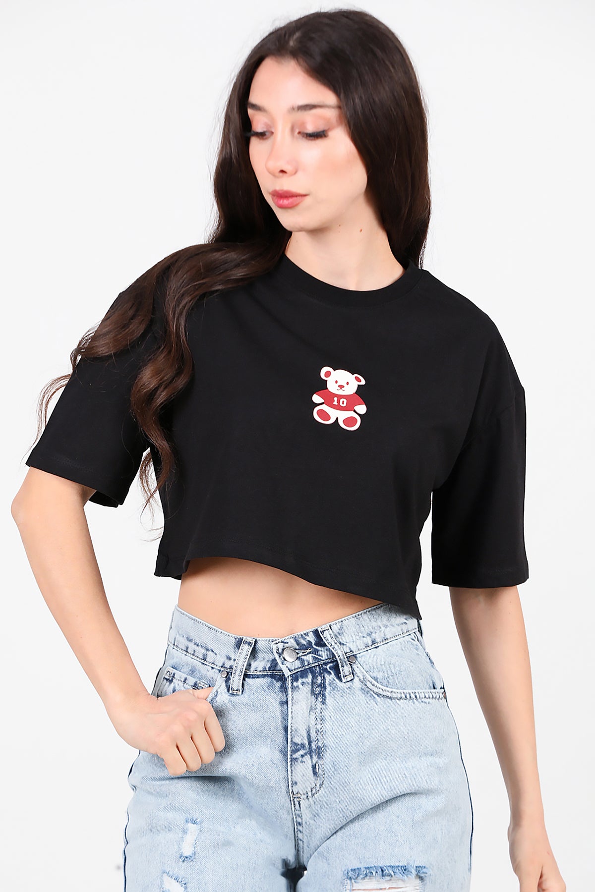 Kadın Bisiklet Yaka Kısa T-Shirt Siyah