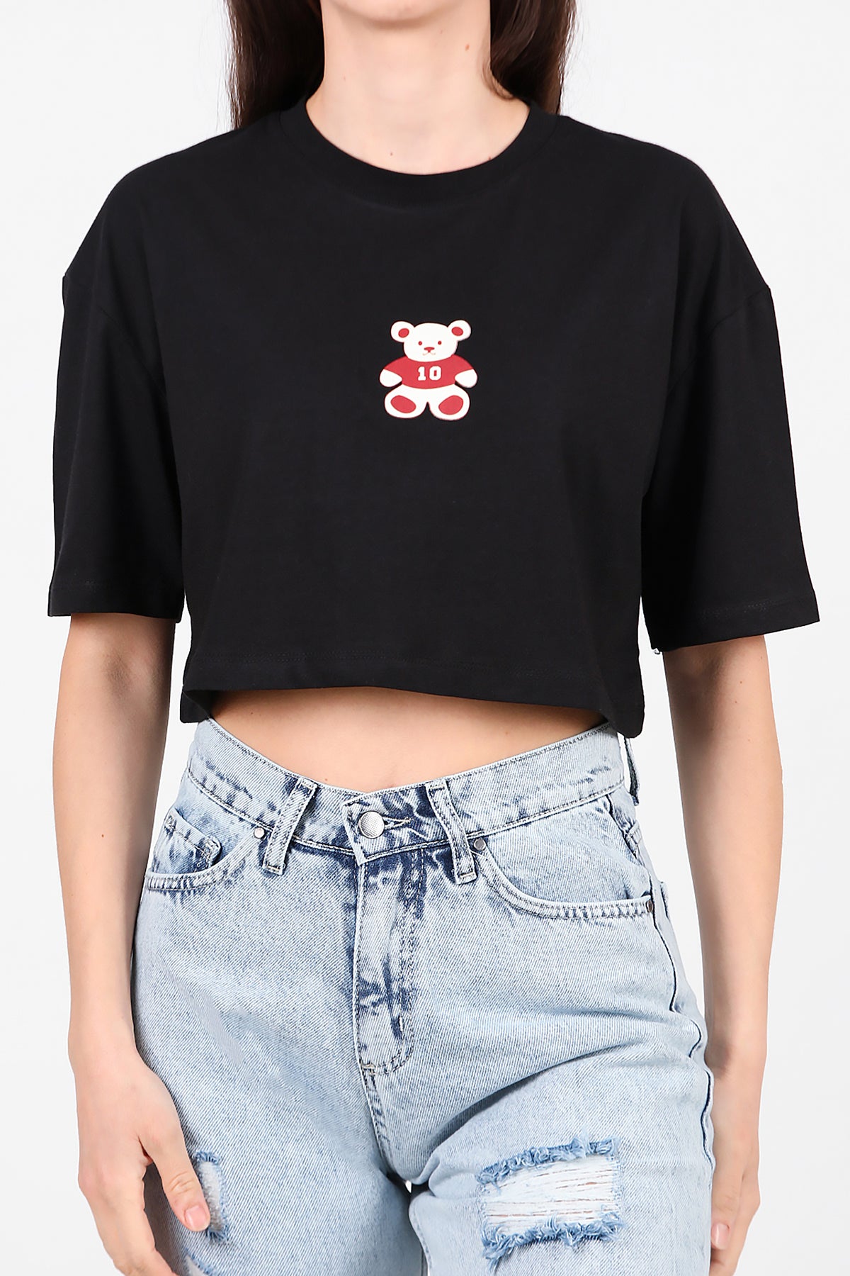 Kadın Bisiklet Yaka Kısa T-Shirt Siyah
