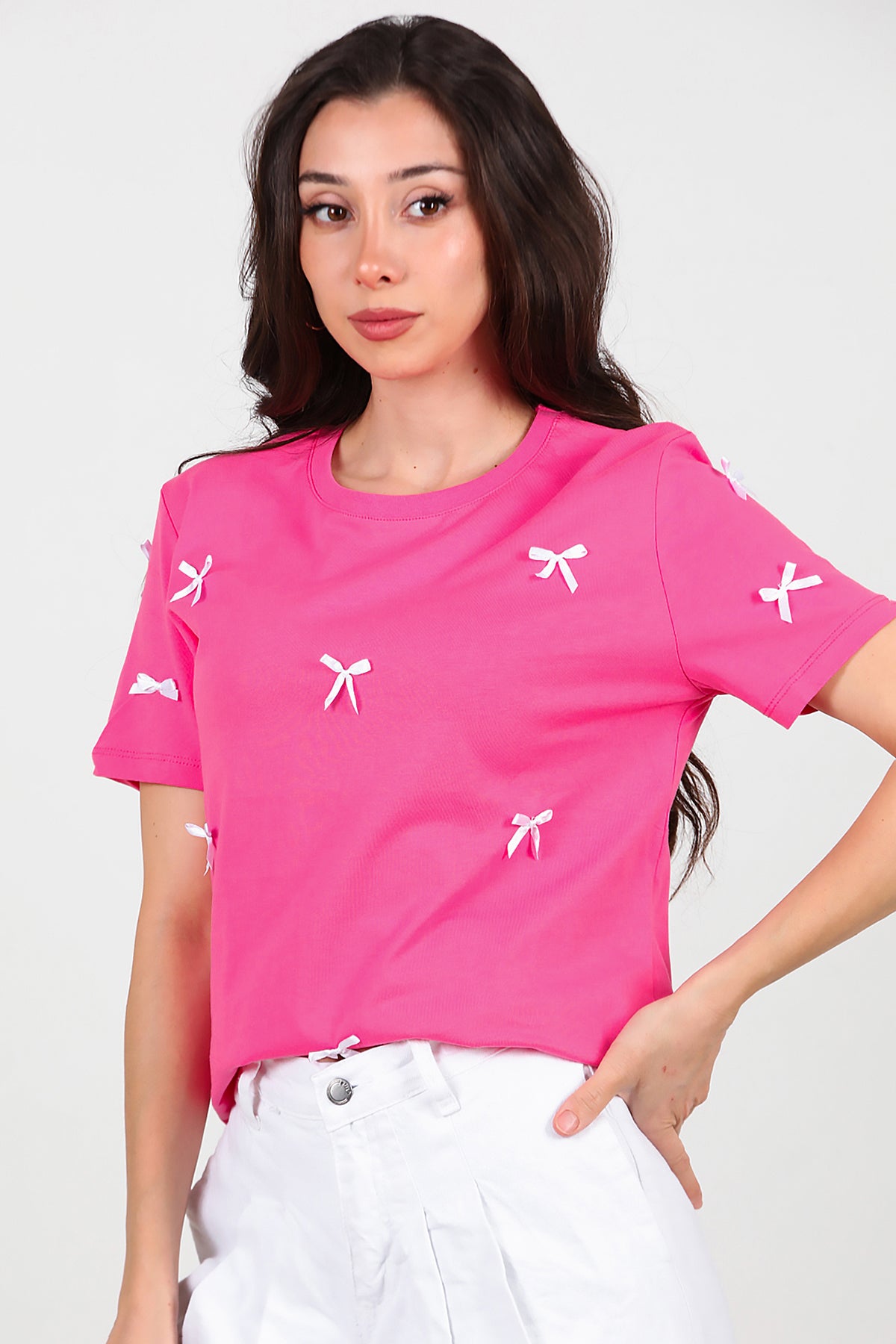 Kadın Bisiklet Yaka Fiyonklu T-Shirt Pembe