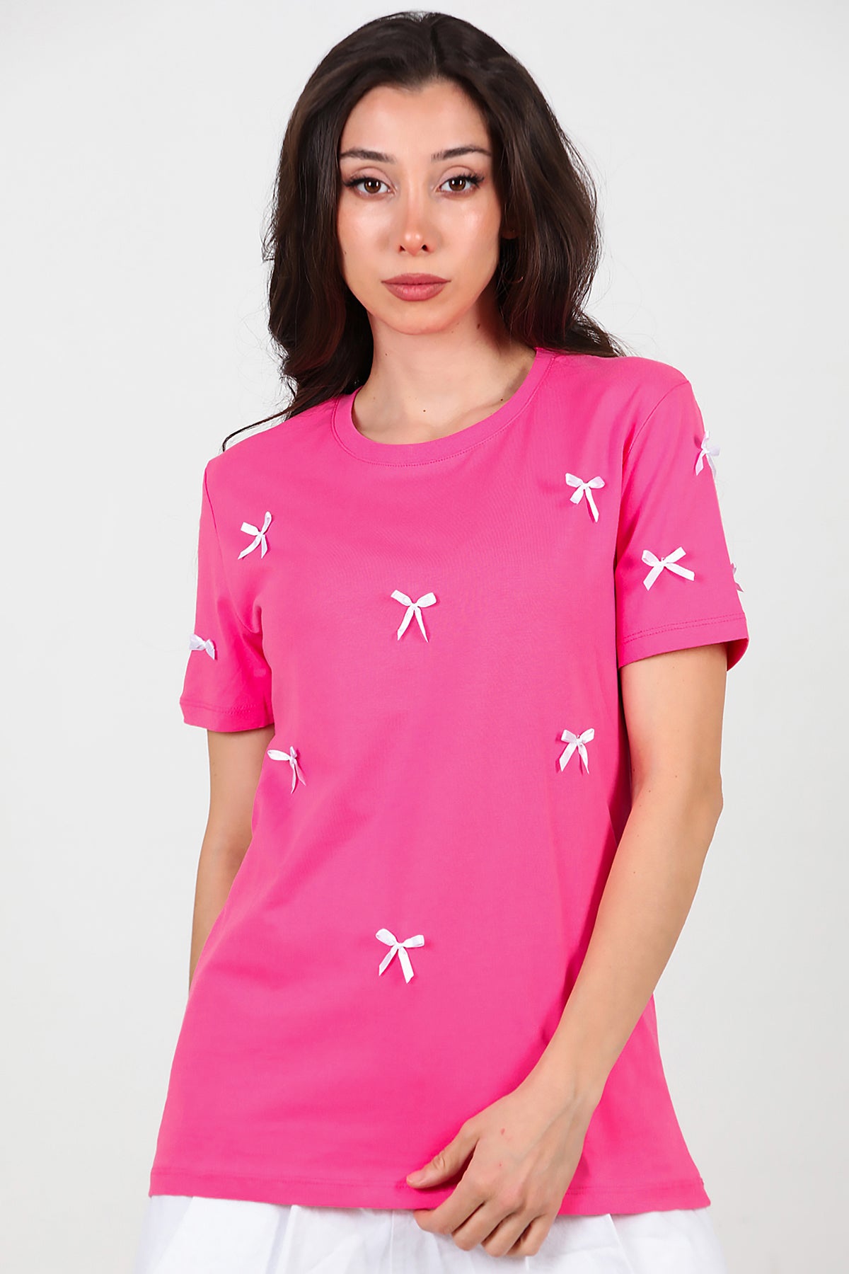 Kadın Bisiklet Yaka Fiyonklu T-Shirt Pembe
