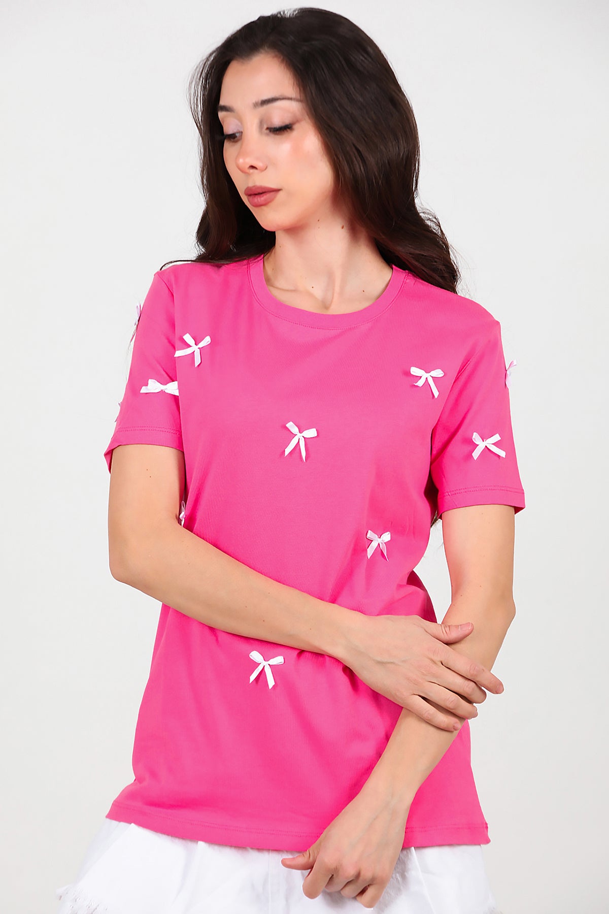 Kadın Bisiklet Yaka Fiyonklu T-Shirt Pembe