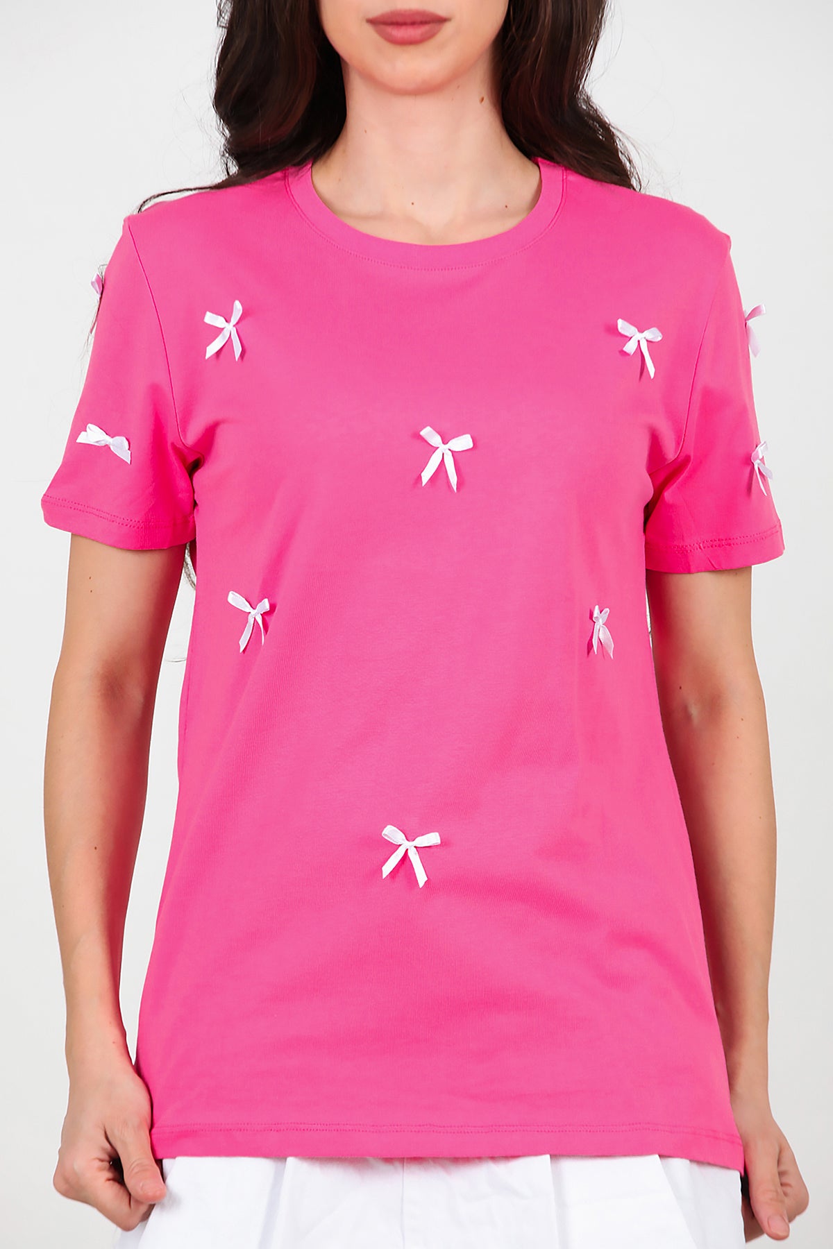 Kadın Bisiklet Yaka Fiyonklu T-Shirt Pembe