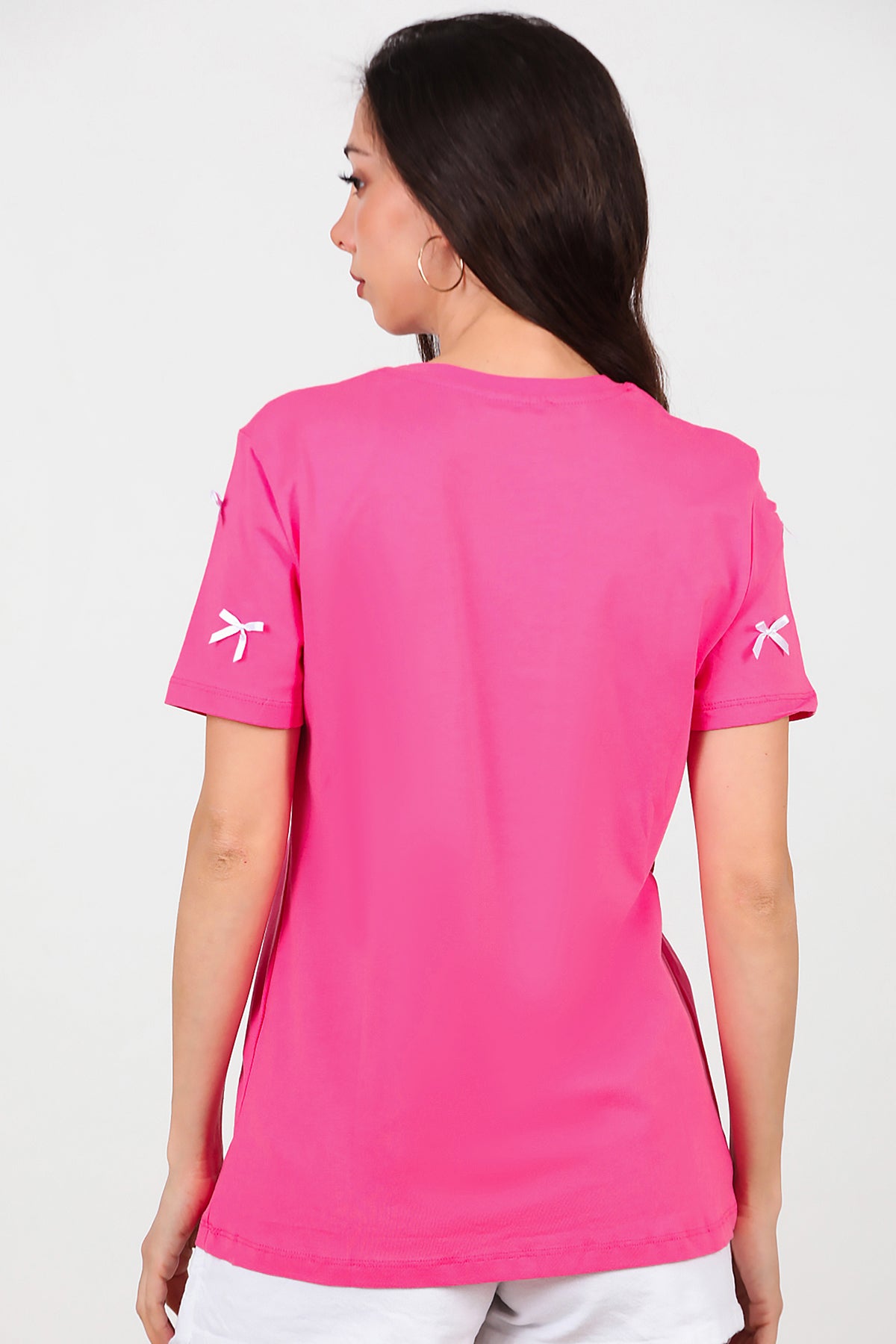 Kadın Bisiklet Yaka Fiyonklu T-Shirt Pembe