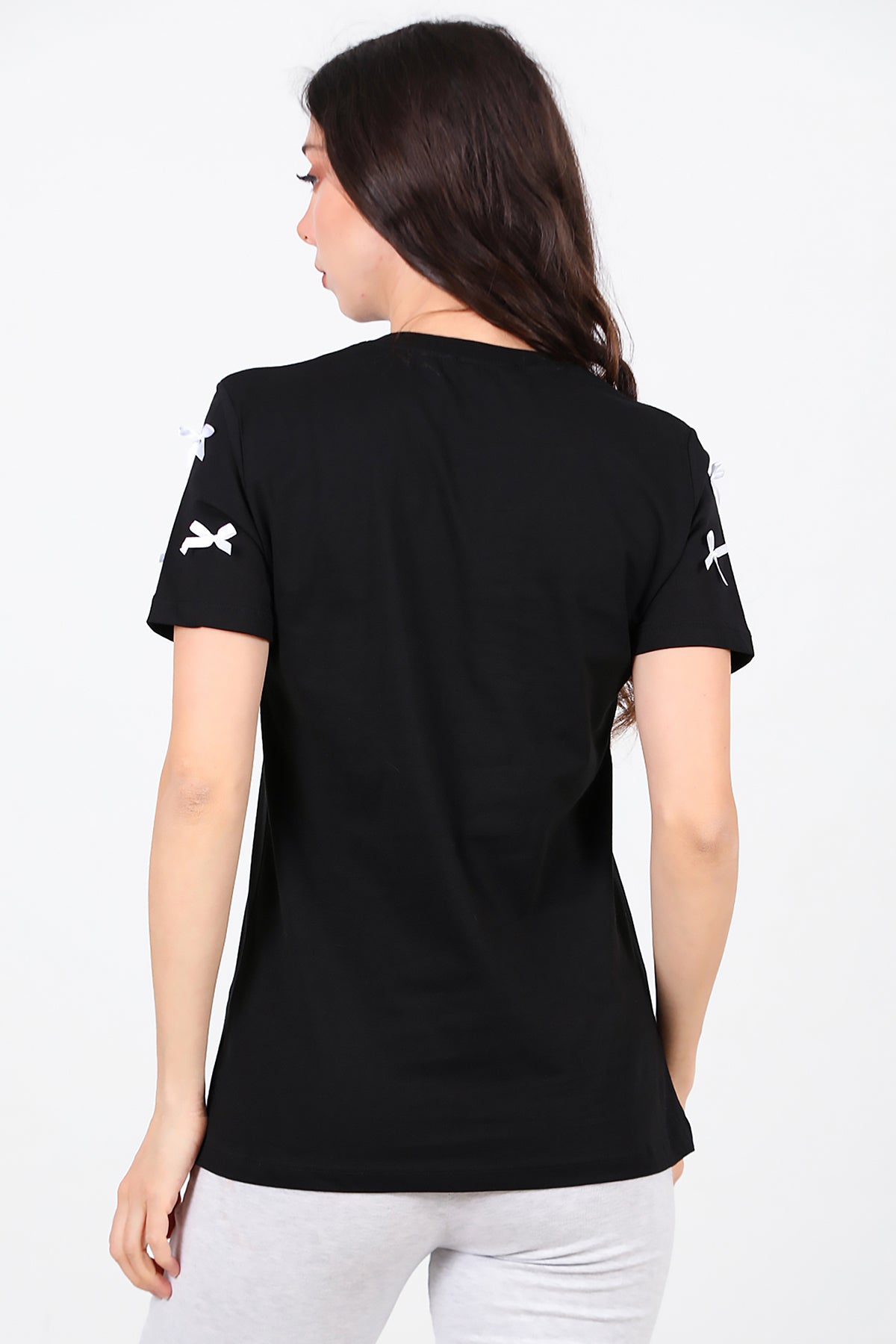 Kadın Bisiklet Yaka Fiyonklu T-Shirt Siyah