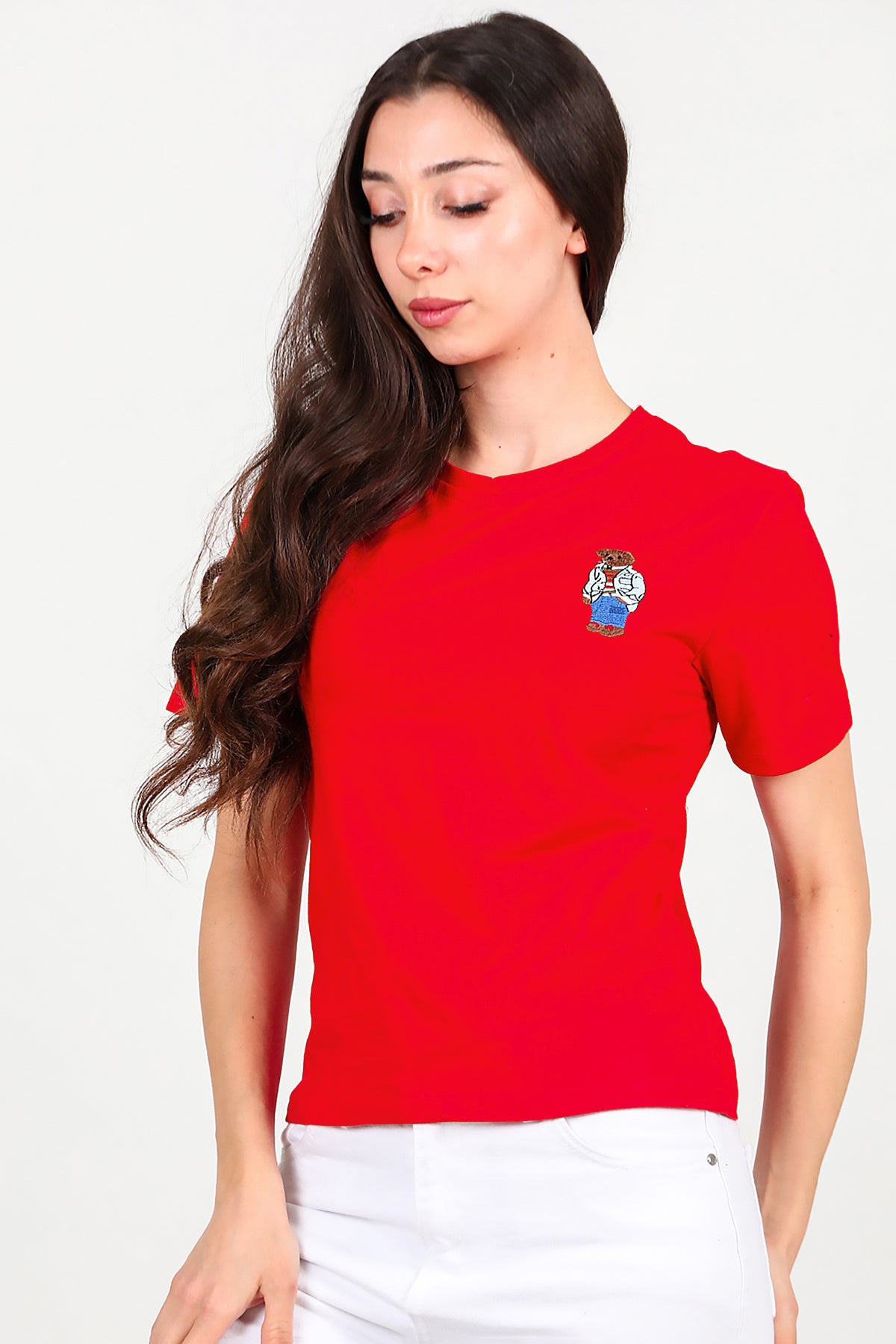 Kadın Ön Nakışlı Kısa Tshirt Kırmızı