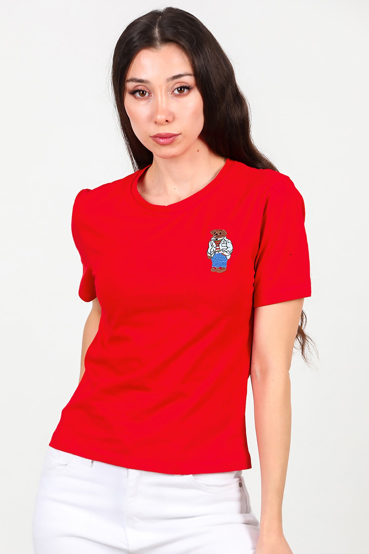 Kadın Ön Nakışlı Kısa Tshirt Kırmızı