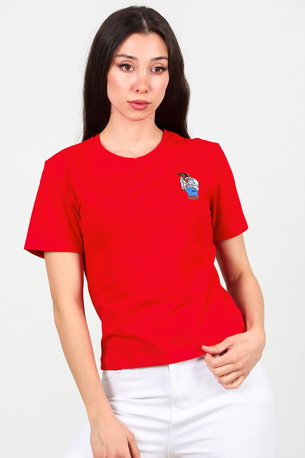 Kadın Ön Nakışlı Kısa Tshirt Kırmızı