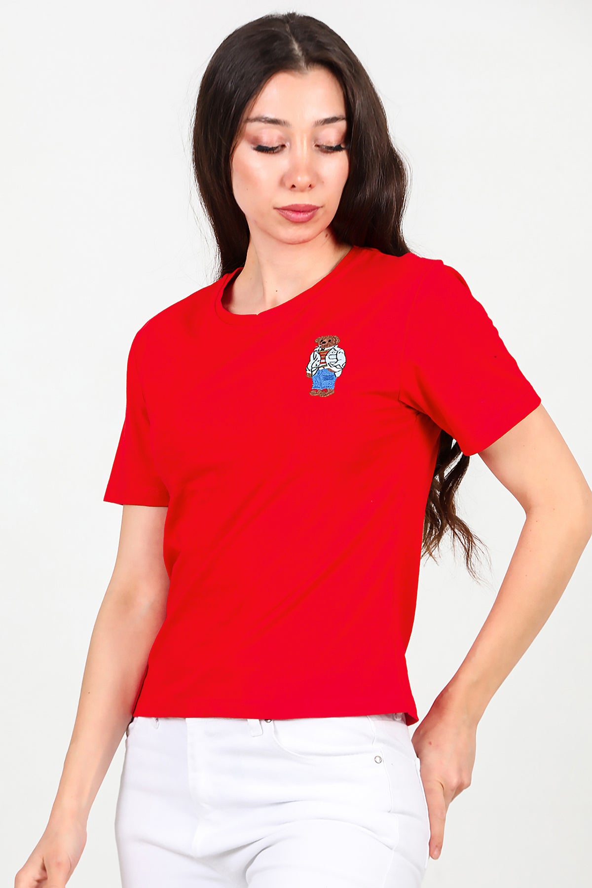 Kadın Ön Nakışlı Kısa Tshirt Kırmızı