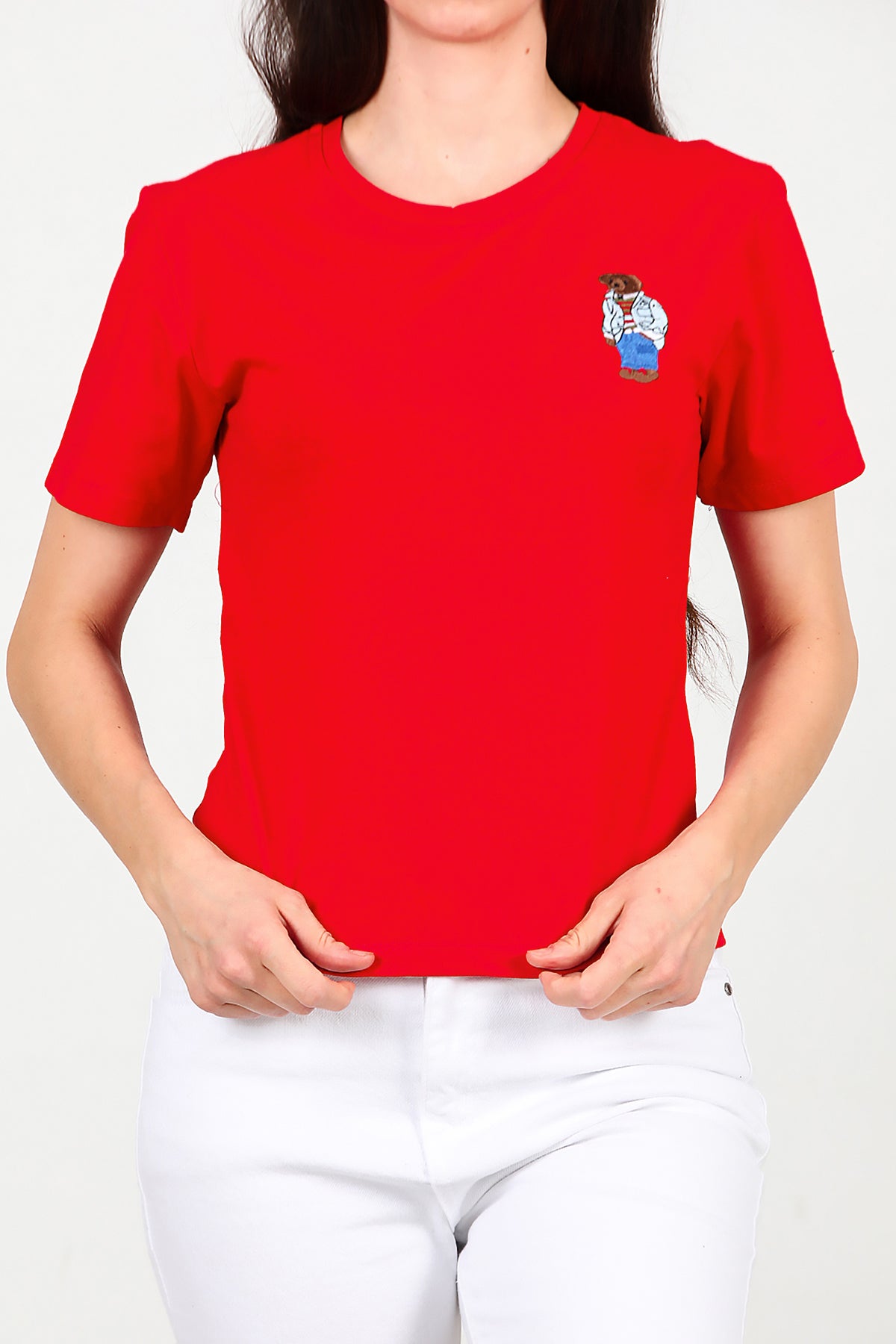 Kadın Ön Nakışlı Kısa Tshirt Kırmızı