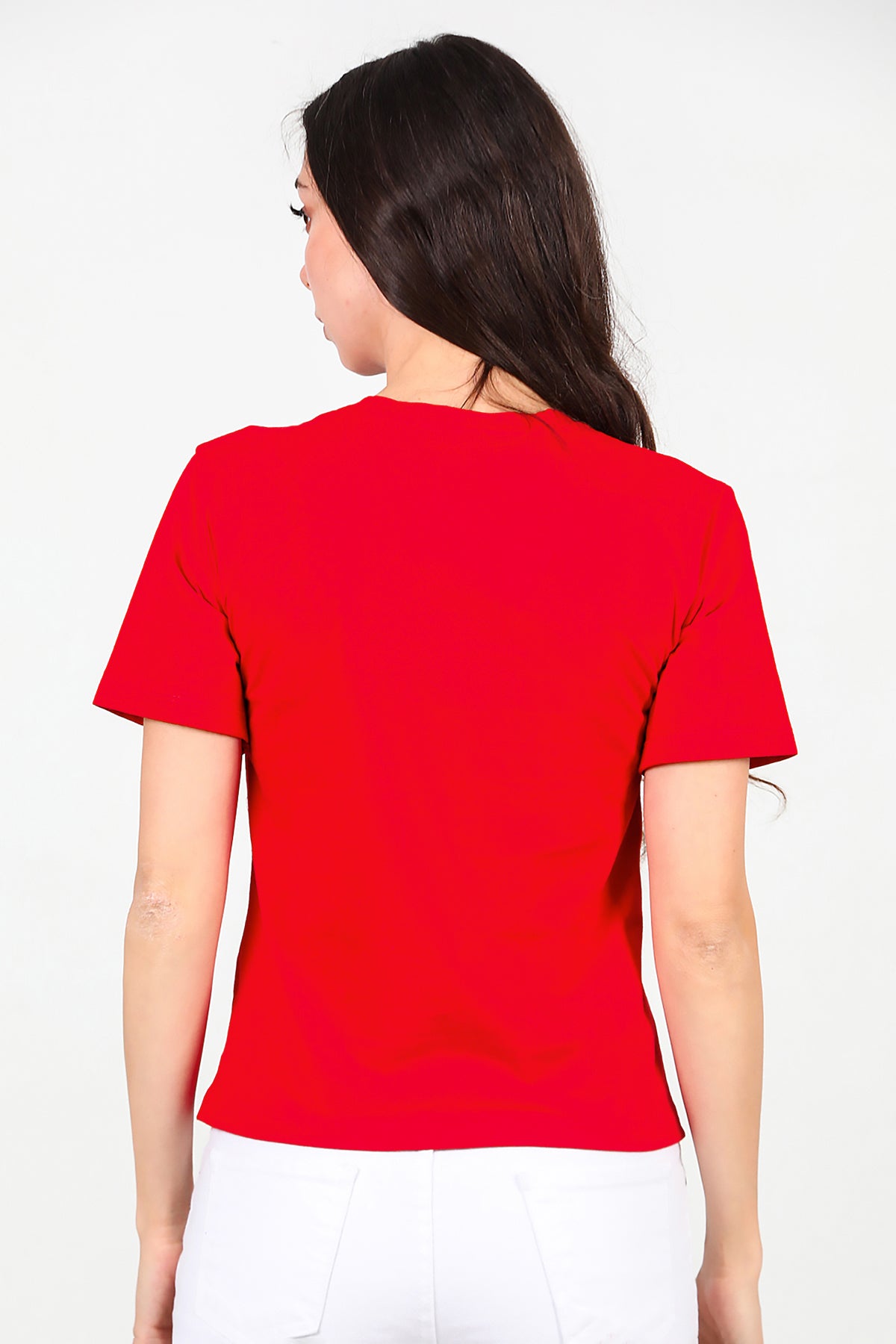 Kadın Ön Nakışlı Kısa Tshirt Kırmızı