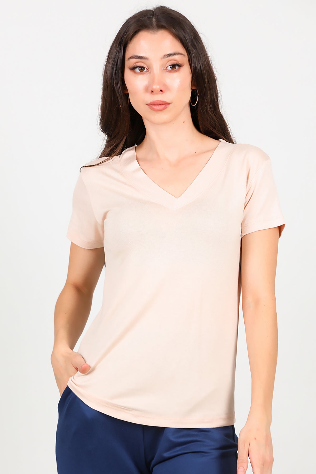 Kadın V Yaka T-shirt Bej