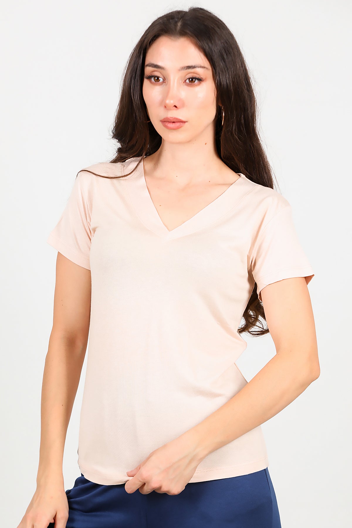 Kadın V Yaka T-shirt Bej